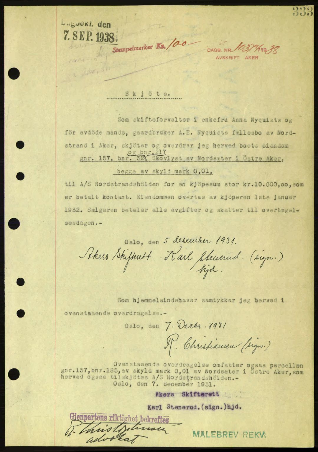 Aker herredsskriveri, SAO/A-10896/G/Gb/Gba/Gbab/L0025: Mortgage book no. A154-155, 1938-1938, Diary no: : 10374/1938