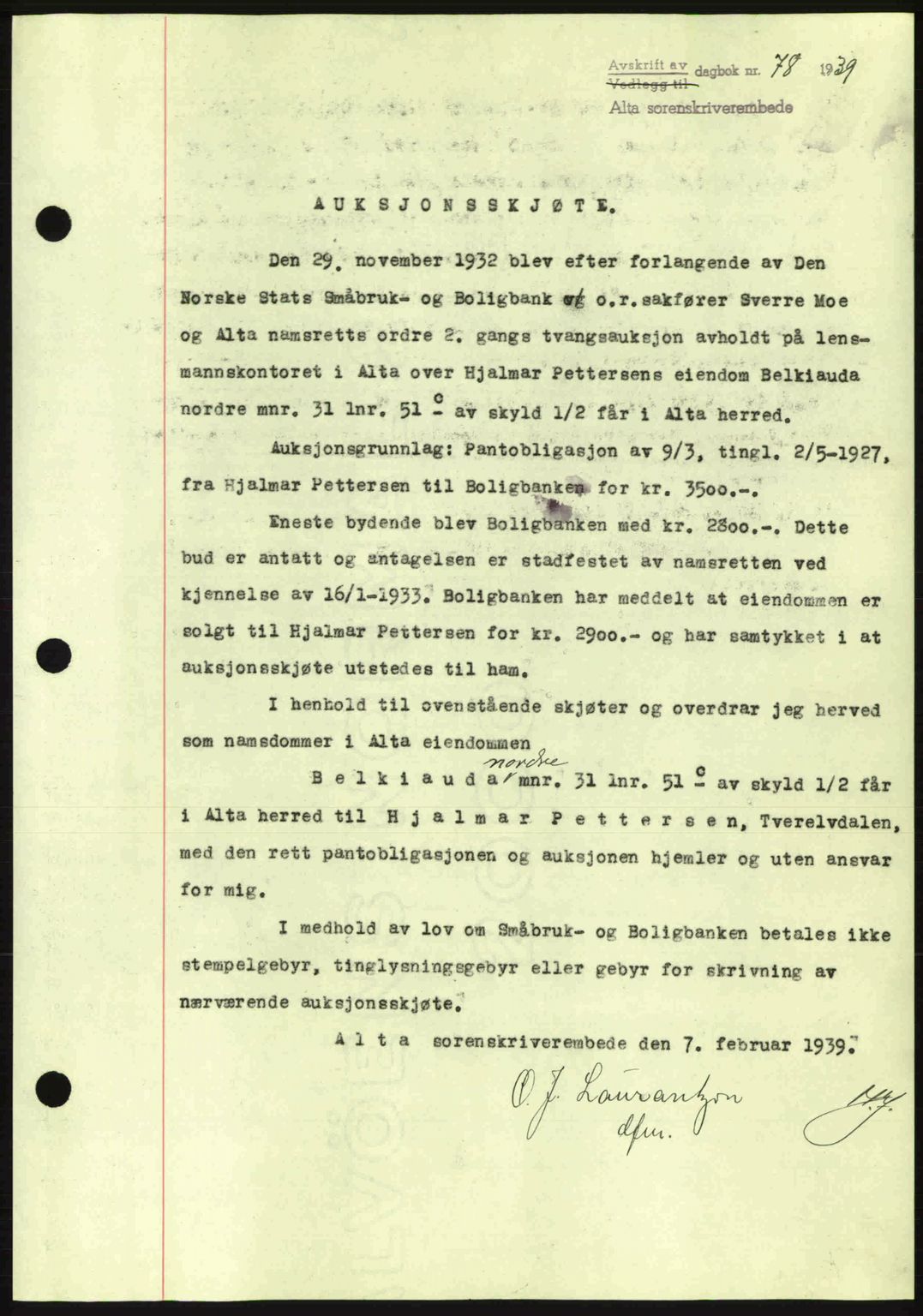 Alta fogderi/sorenskriveri, SATØ/SATØ-5/1/K/Kd/L0031pantebok: Mortgage book no. 31, 1938-1939, Diary no: : 78/1939