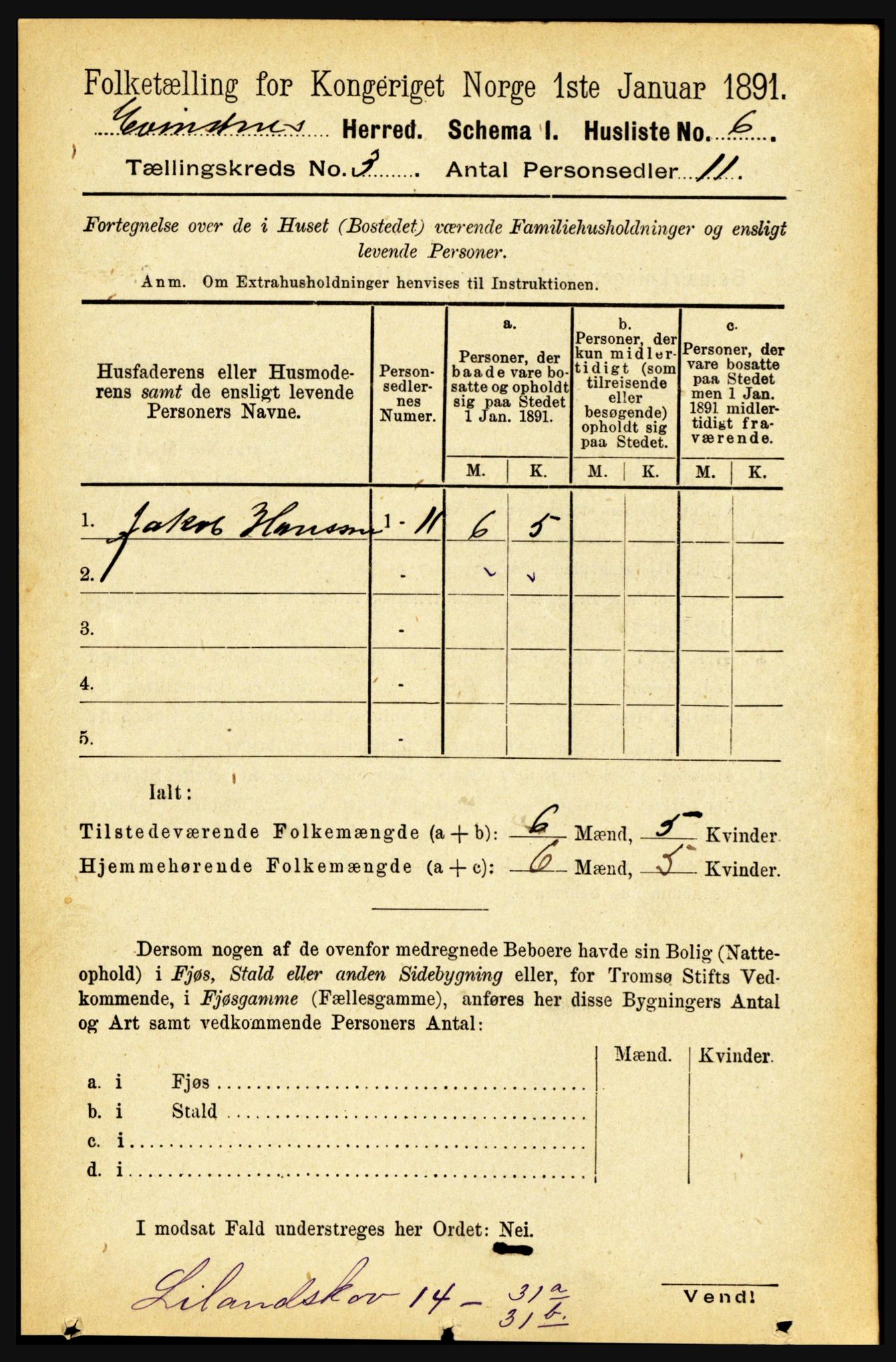 RA, 1891 census for 1853 Evenes, 1891, p. 681