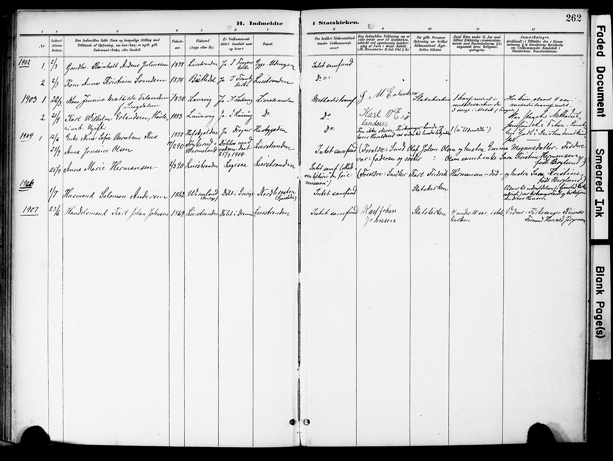 Lier kirkebøker, AV/SAKO-A-230/F/Fa/L0017: Parish register (official) no. I 17, 1901-1908, p. 262