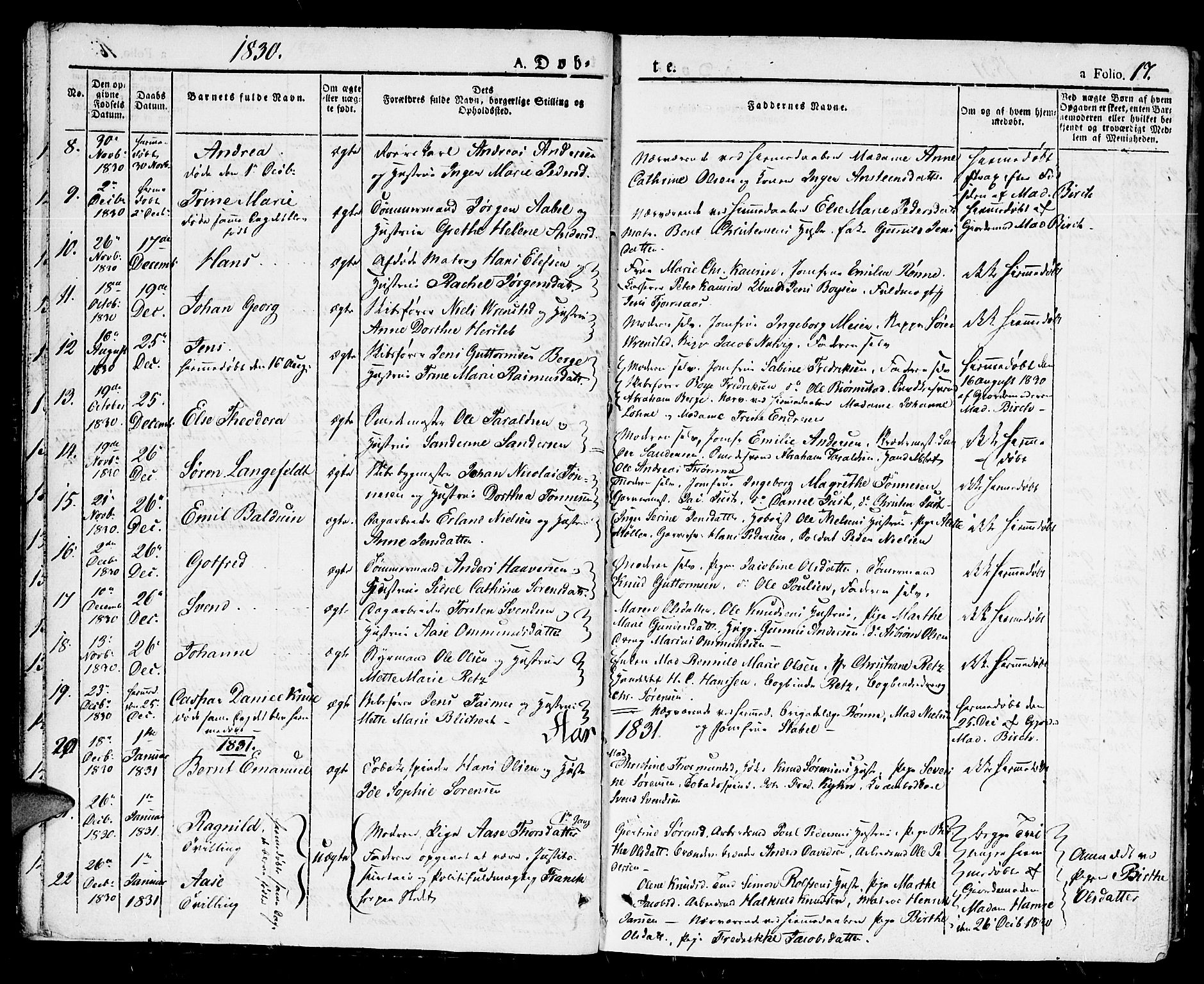 Kristiansand domprosti, SAK/1112-0006/F/Fb/L0007: Parish register (copy) no. B 7, 1829-1837, p. 17