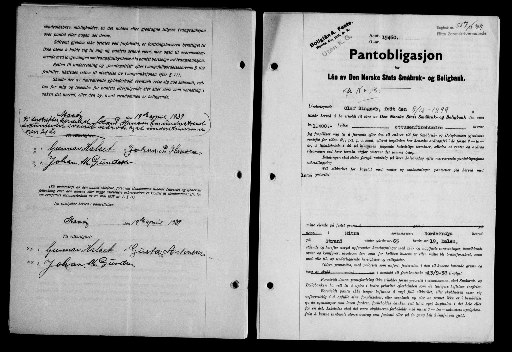 Hitra sorenskriveri, AV/SAT-A-0018/2/2C/2Ca/L0028: Mortgage book no. B-1, 1936-1939, Diary no: : 557/1939