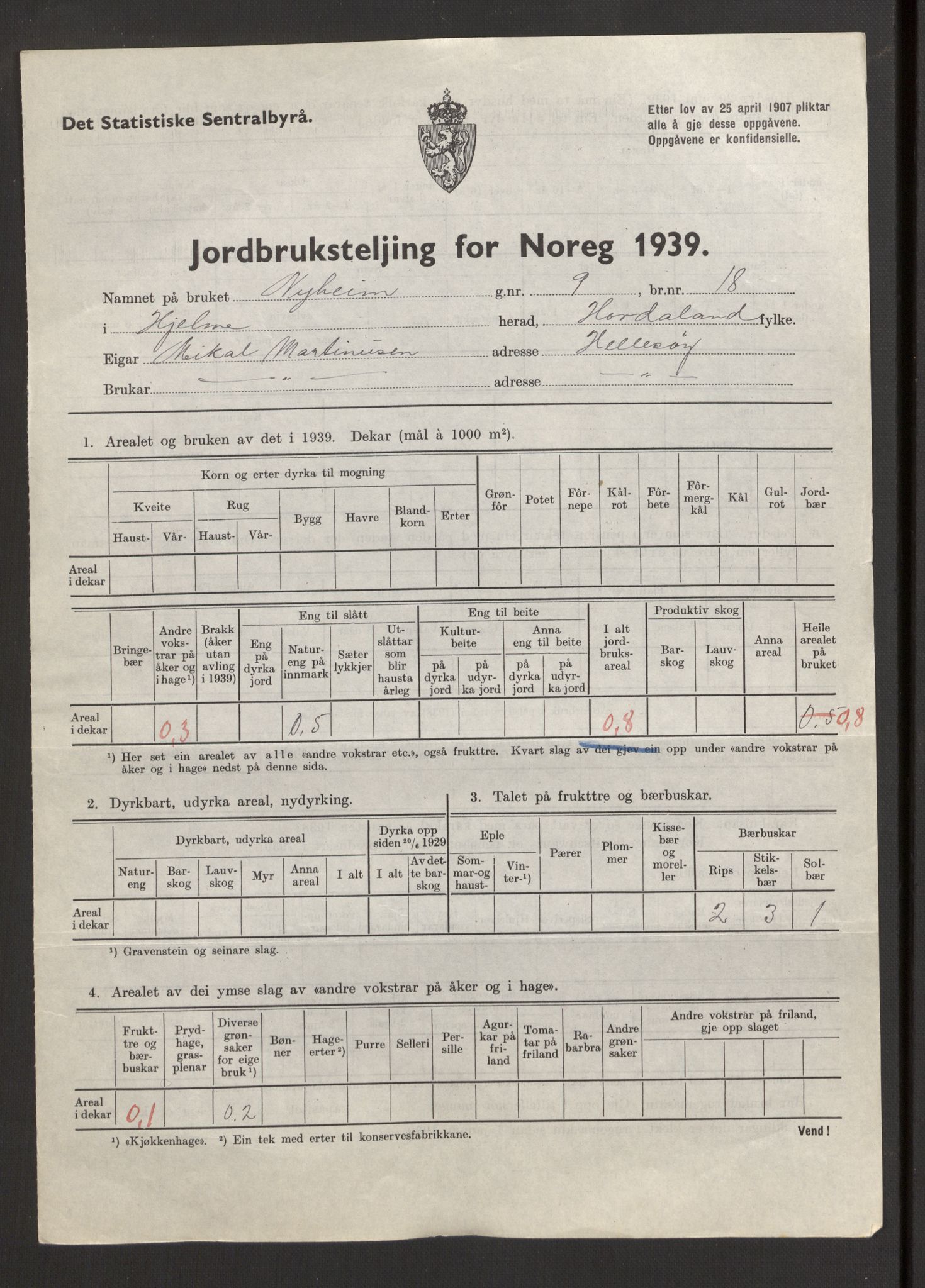 Statistisk sentralbyrå, Næringsøkonomiske emner, Jordbruk, skogbruk, jakt, fiske og fangst, AV/RA-S-2234/G/Gb/L0211: Hordaland: Herdla, Hjelme og Manger, 1939, p. 1137