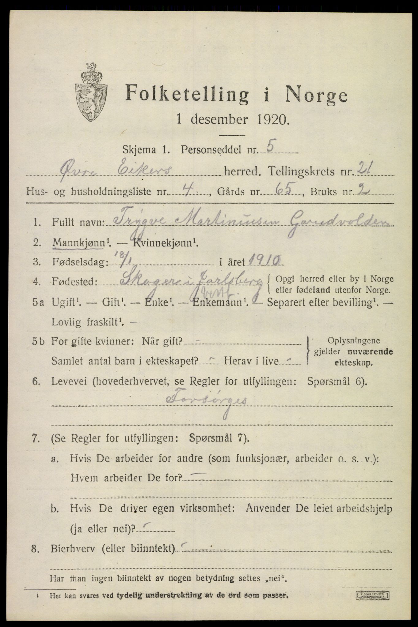 SAKO, 1920 census for Øvre Eiker, 1920, p. 22658