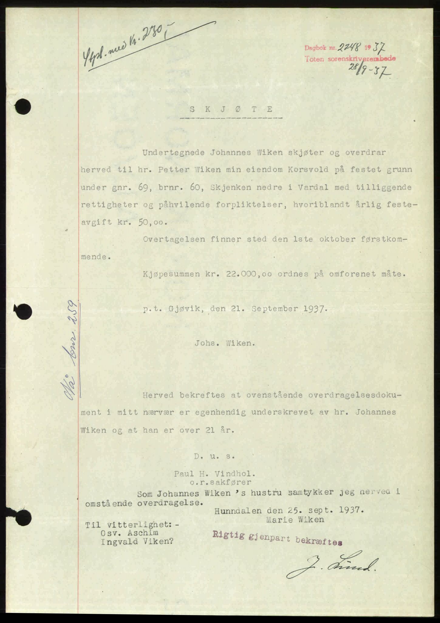 Toten tingrett, SAH/TING-006/H/Hb/Hbc/L0003: Mortgage book no. Hbc-03, 1937-1938, Diary no: : 2248/1937