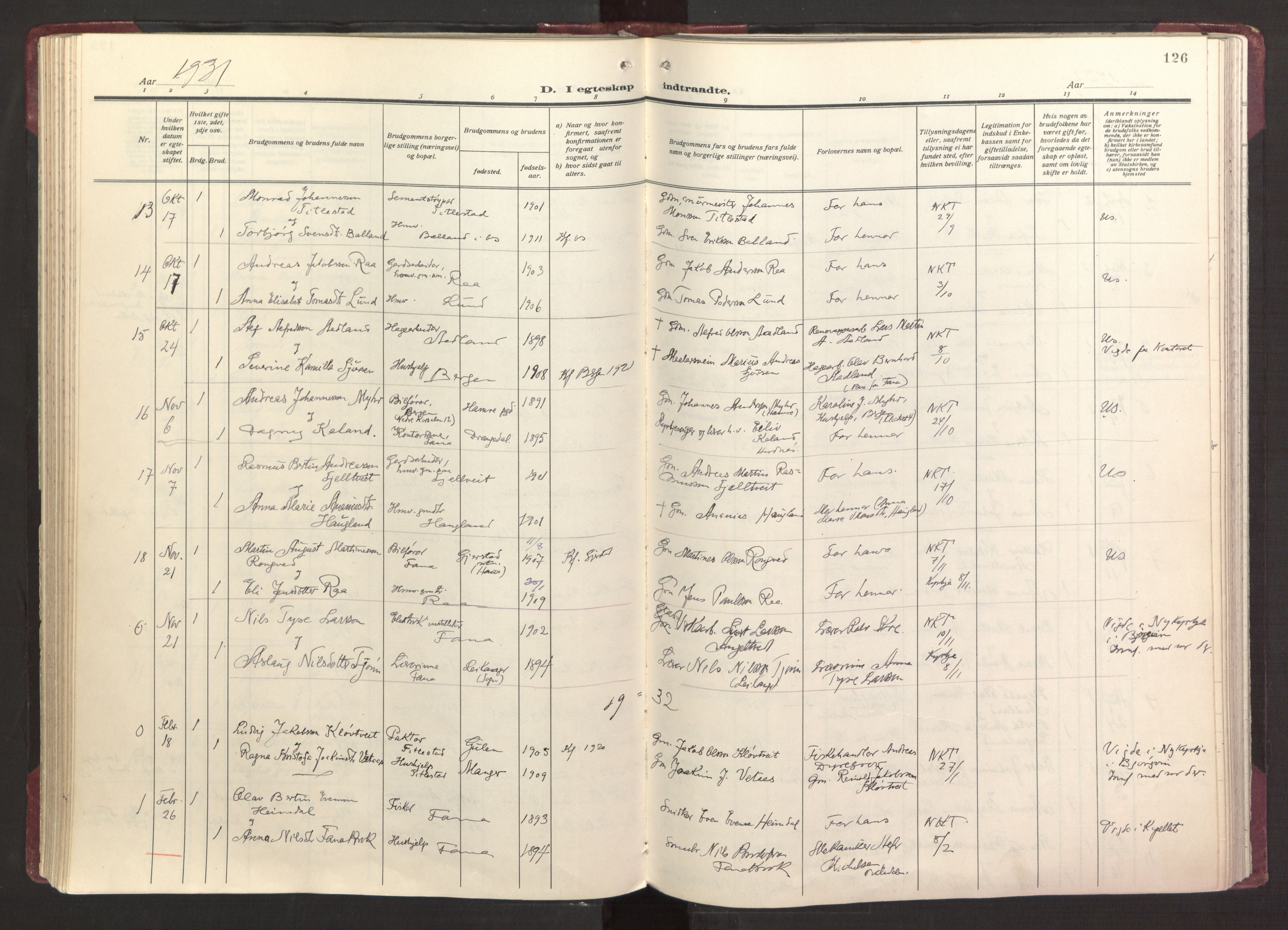 Fana Sokneprestembete, AV/SAB-A-75101/H/Haa/Haab/L0006: Parish register (official) no. B 6, 1923-1967, p. 126