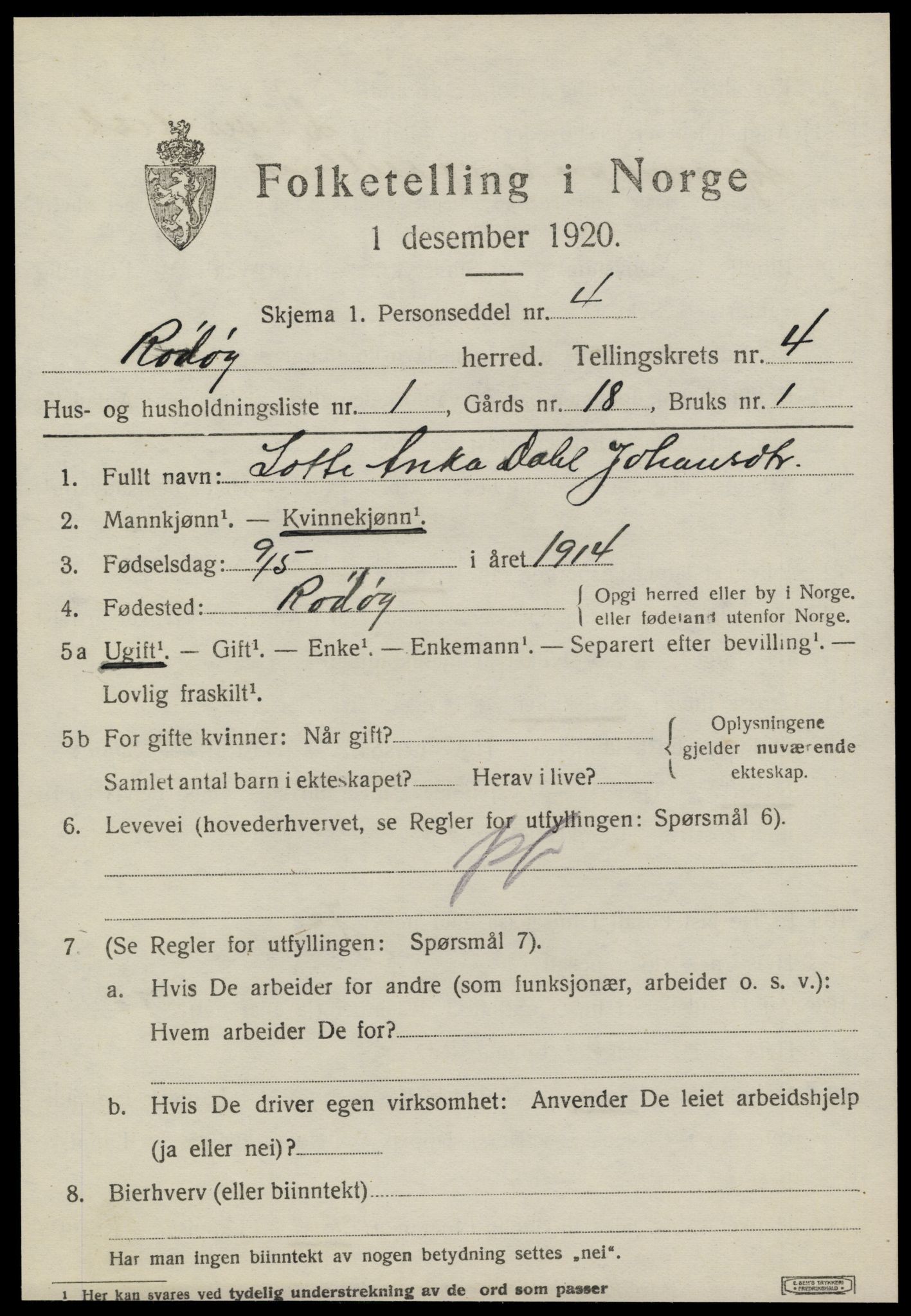 SAT, 1920 census for Rødøy, 1920, p. 2576