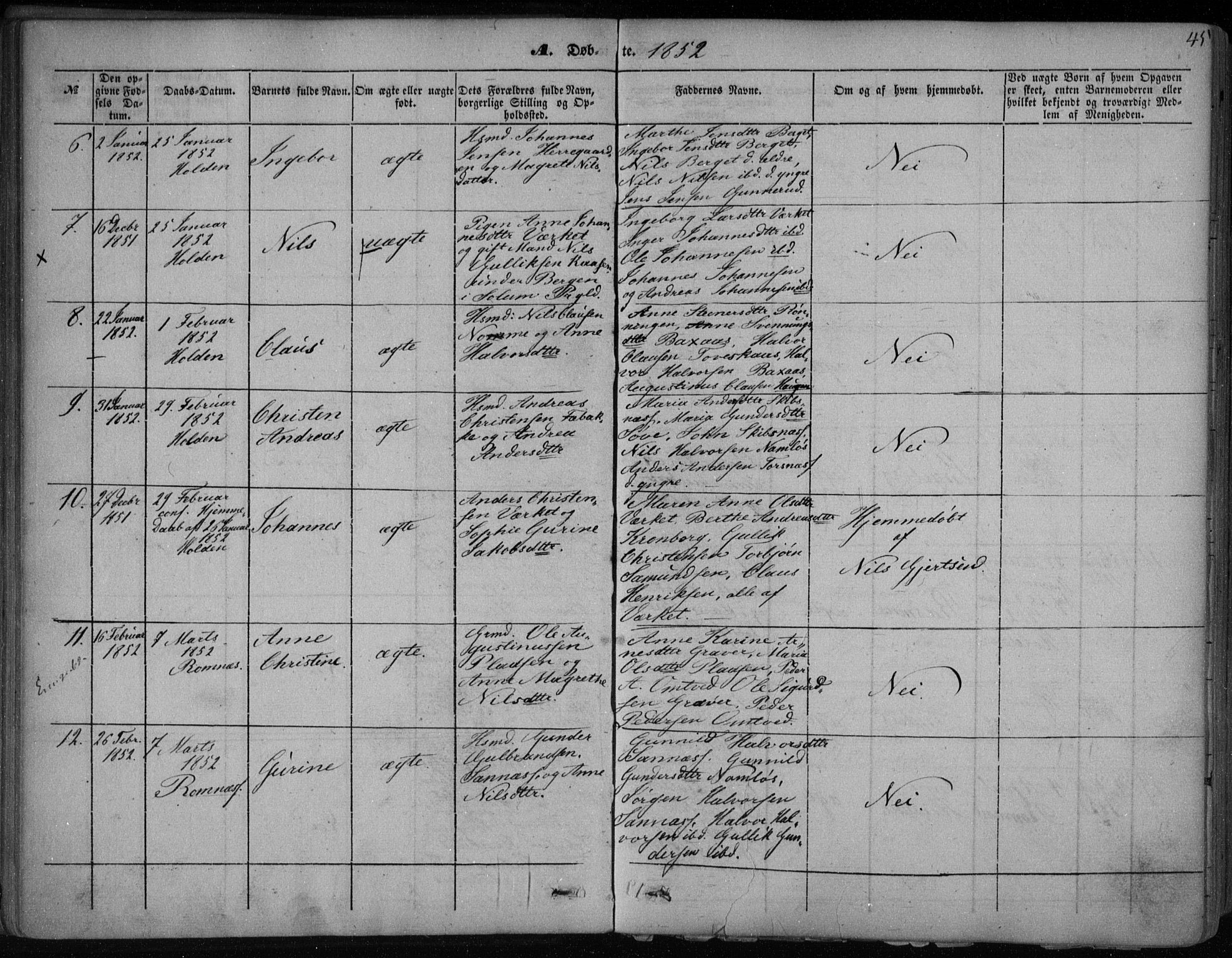 Holla kirkebøker, SAKO/A-272/F/Fa/L0005: Parish register (official) no. 5, 1849-1860, p. 45