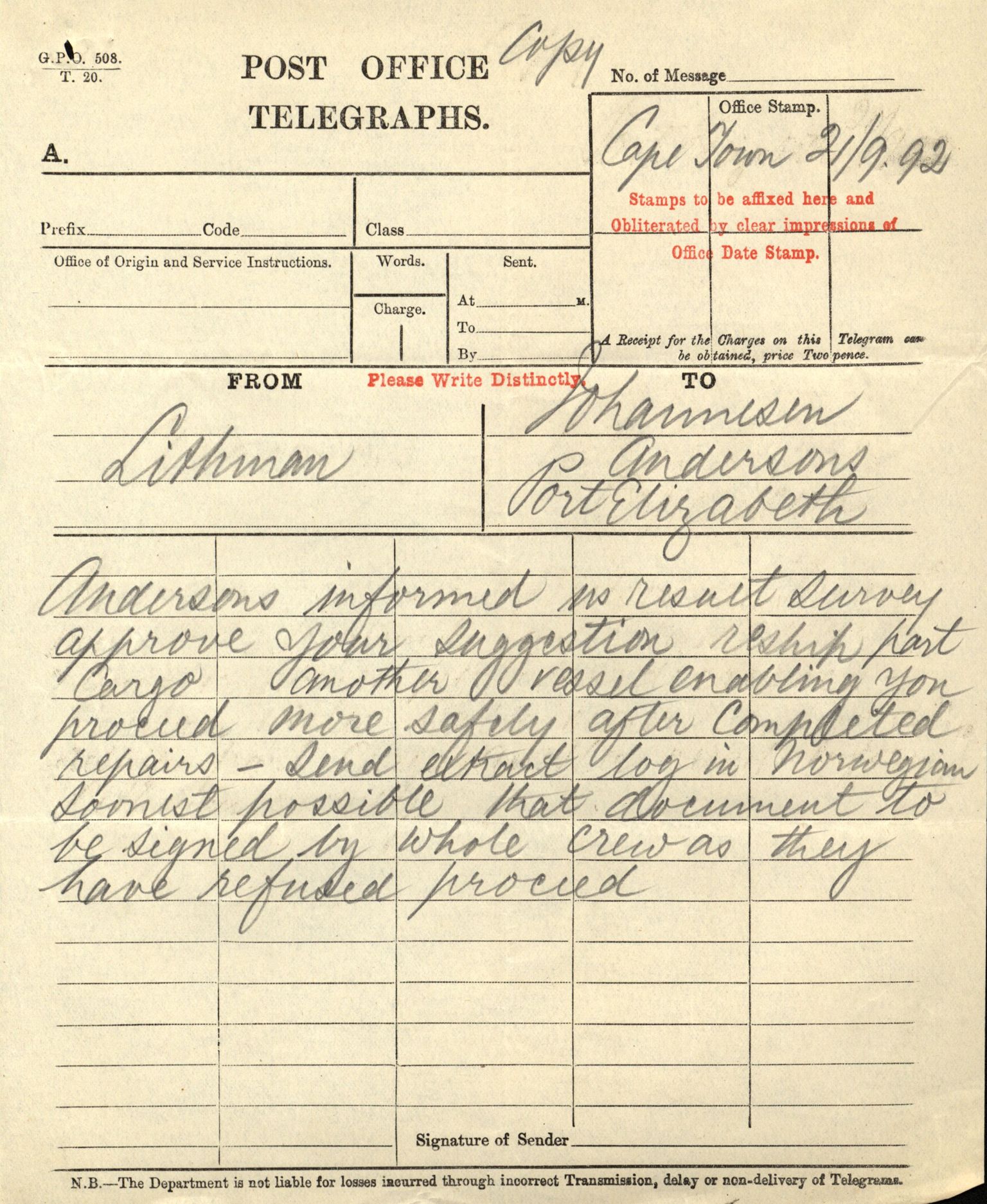 Pa 63 - Østlandske skibsassuranceforening, VEMU/A-1079/G/Ga/L0028/0002: Havaridokumenter / Marie, Favorit, Tabor, Sylphiden, Berthel, America, 1892, p. 25