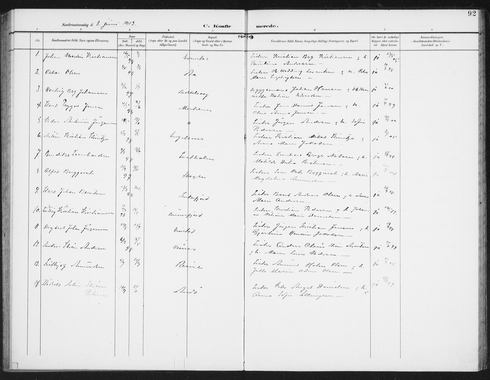 Ministerialprotokoller, klokkerbøker og fødselsregistre - Nordland, SAT/A-1459/886/L1221: Parish register (official) no. 886A03, 1903-1913, p. 92
