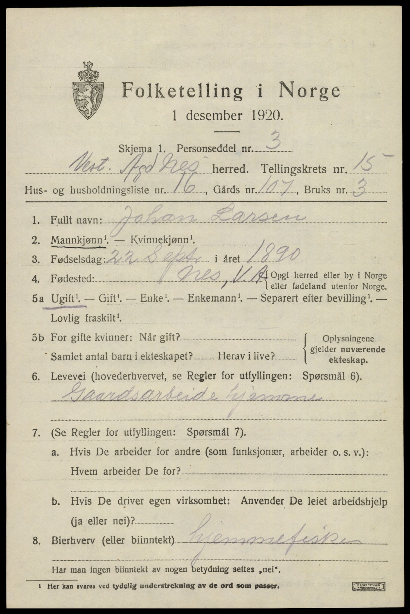 SAK, 1920 census for Nes (V-A), 1920, p. 5734