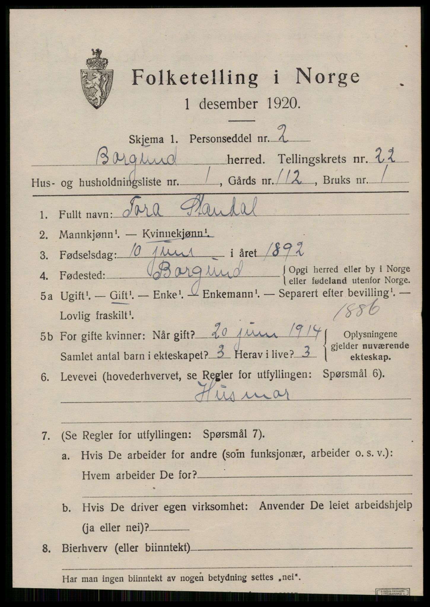 SAT, 1920 census for Borgund, 1920, p. 15058