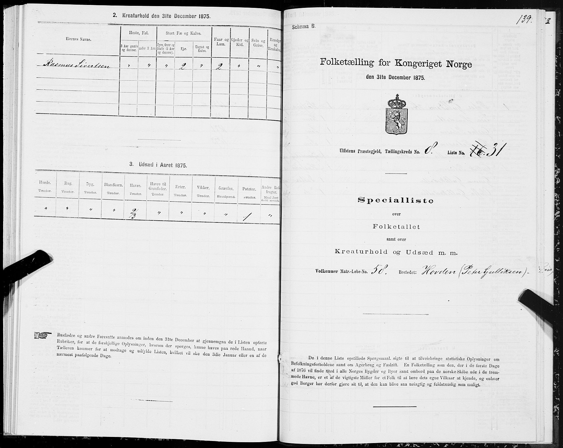 SAT, 1875 census for 1516P Ulstein, 1875, p. 3139