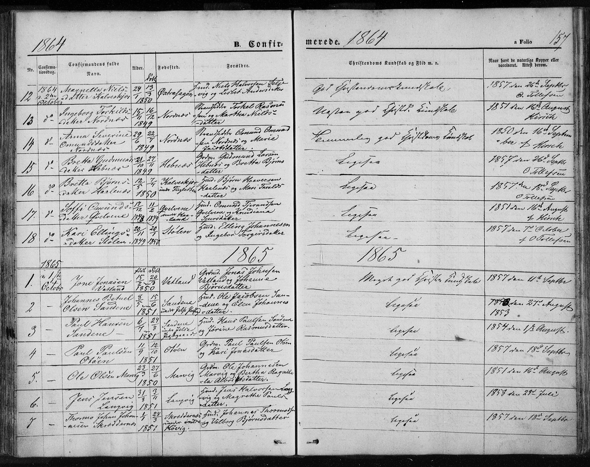 Jelsa sokneprestkontor, AV/SAST-A-101842/01/IV/L0007: Parish register (official) no. A 7, 1854-1866, p. 157