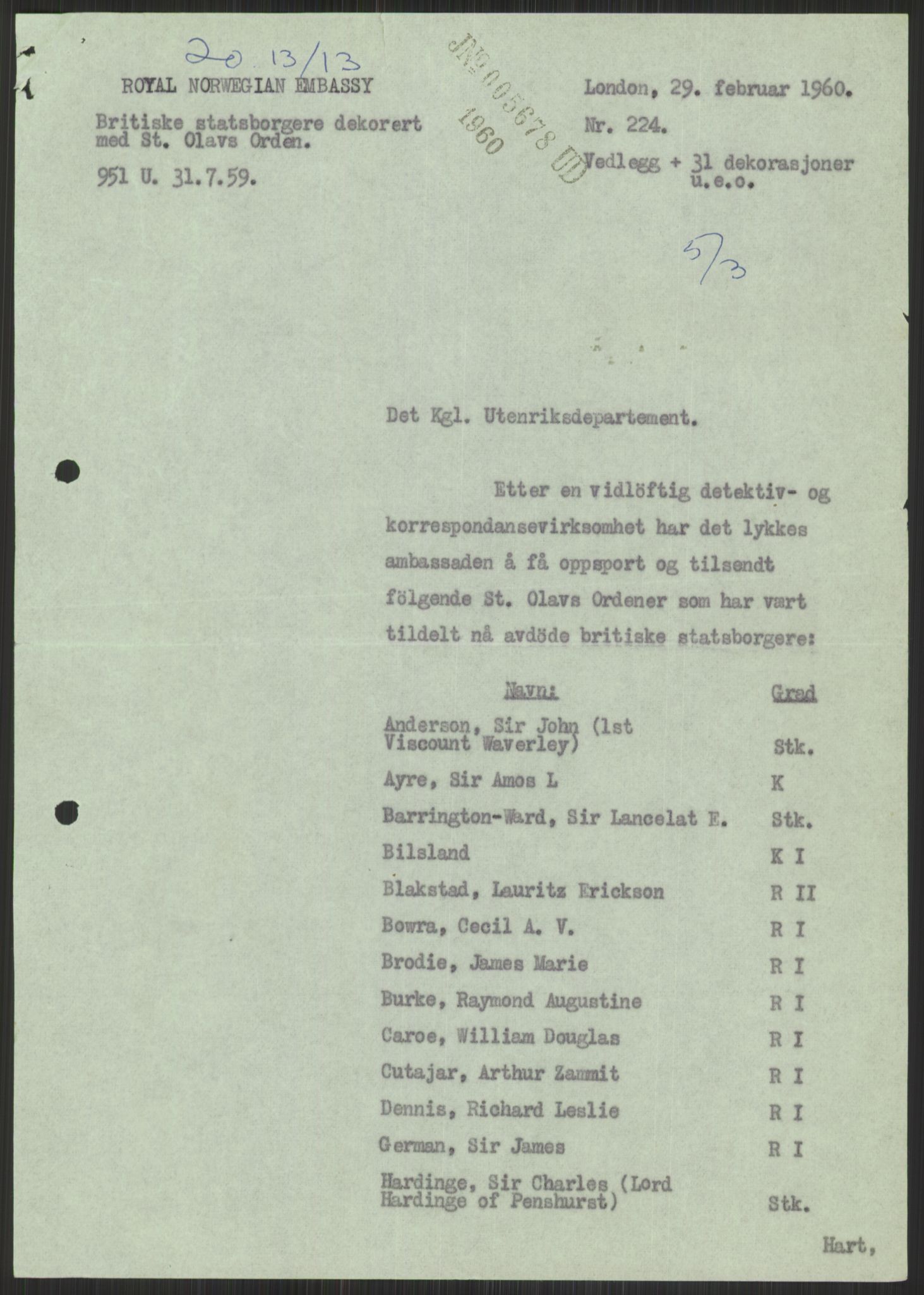 Utenriksdepartementet, hovedarkiv, AV/RA-S-6794/D/Da/Daa/L0537: Ordensvesen. Fremmede lands ordener, medaljer og hederstegn. Hjemsendelse av norske ordener etter utlendinger, 1954-1969, p. 321