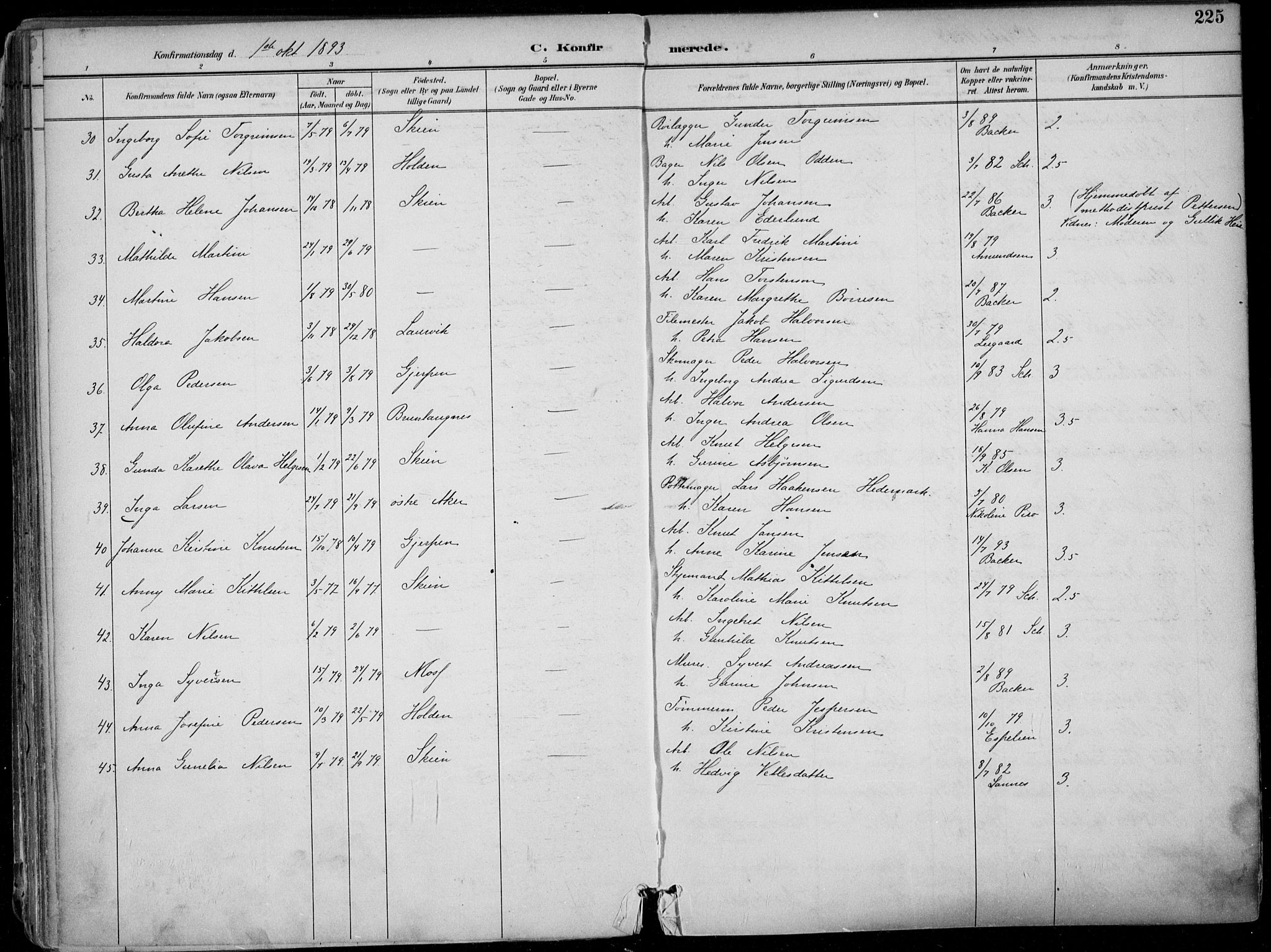 Skien kirkebøker, SAKO/A-302/F/Fa/L0010: Parish register (official) no. 10, 1891-1899, p. 225