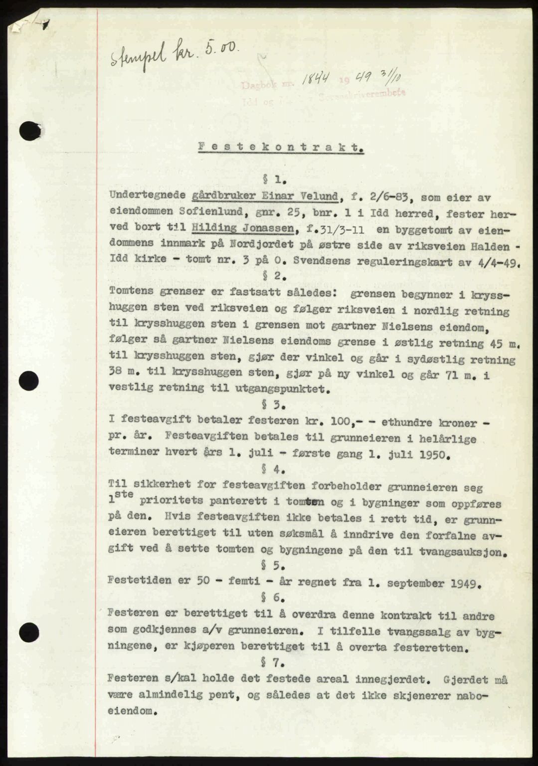 Idd og Marker sorenskriveri, AV/SAO-A-10283/G/Gb/Gbb/L0013: Mortgage book no. A13, 1949-1950, Diary no: : 1844/1949