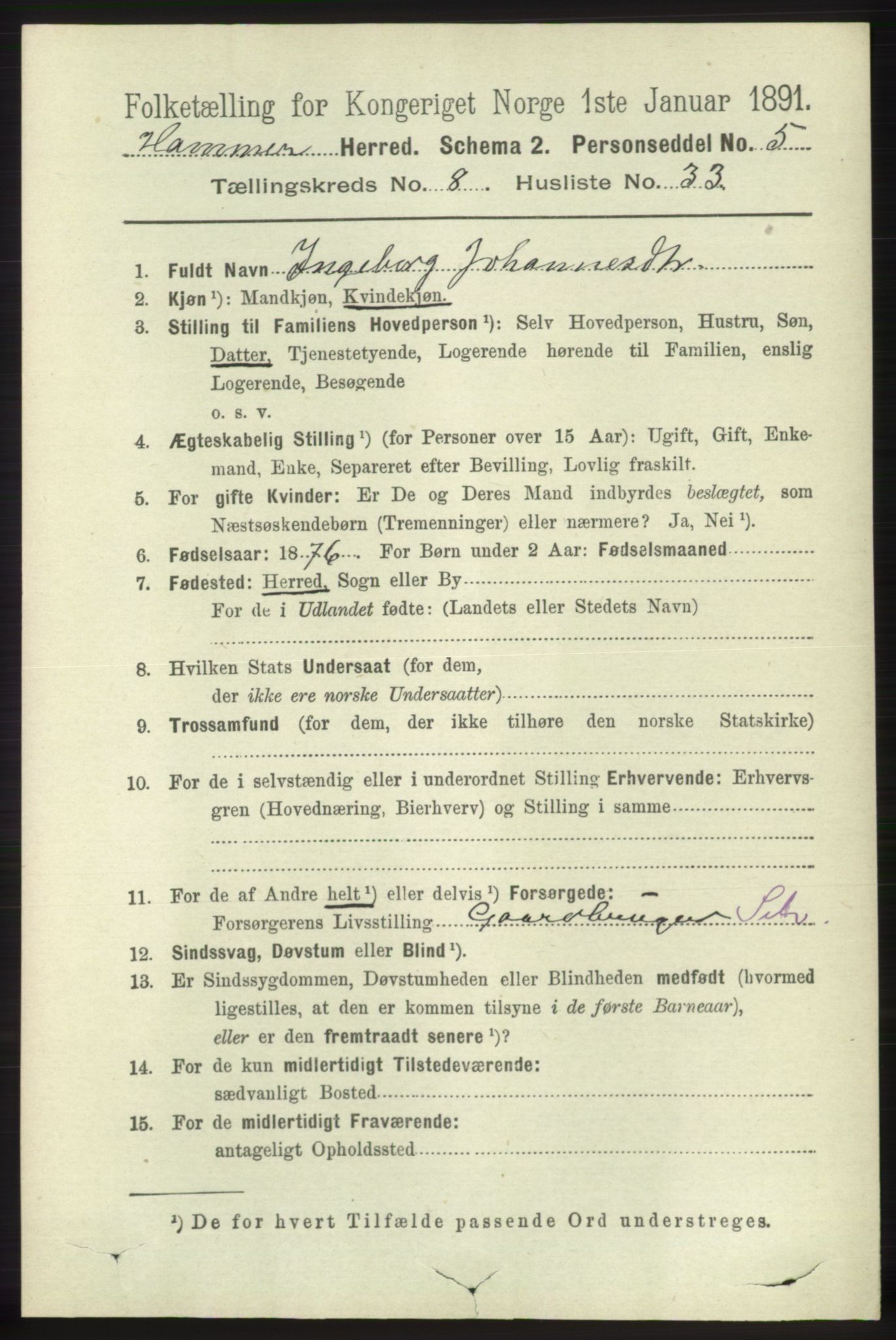 RA, 1891 census for 1254 Hamre, 1891, p. 2207