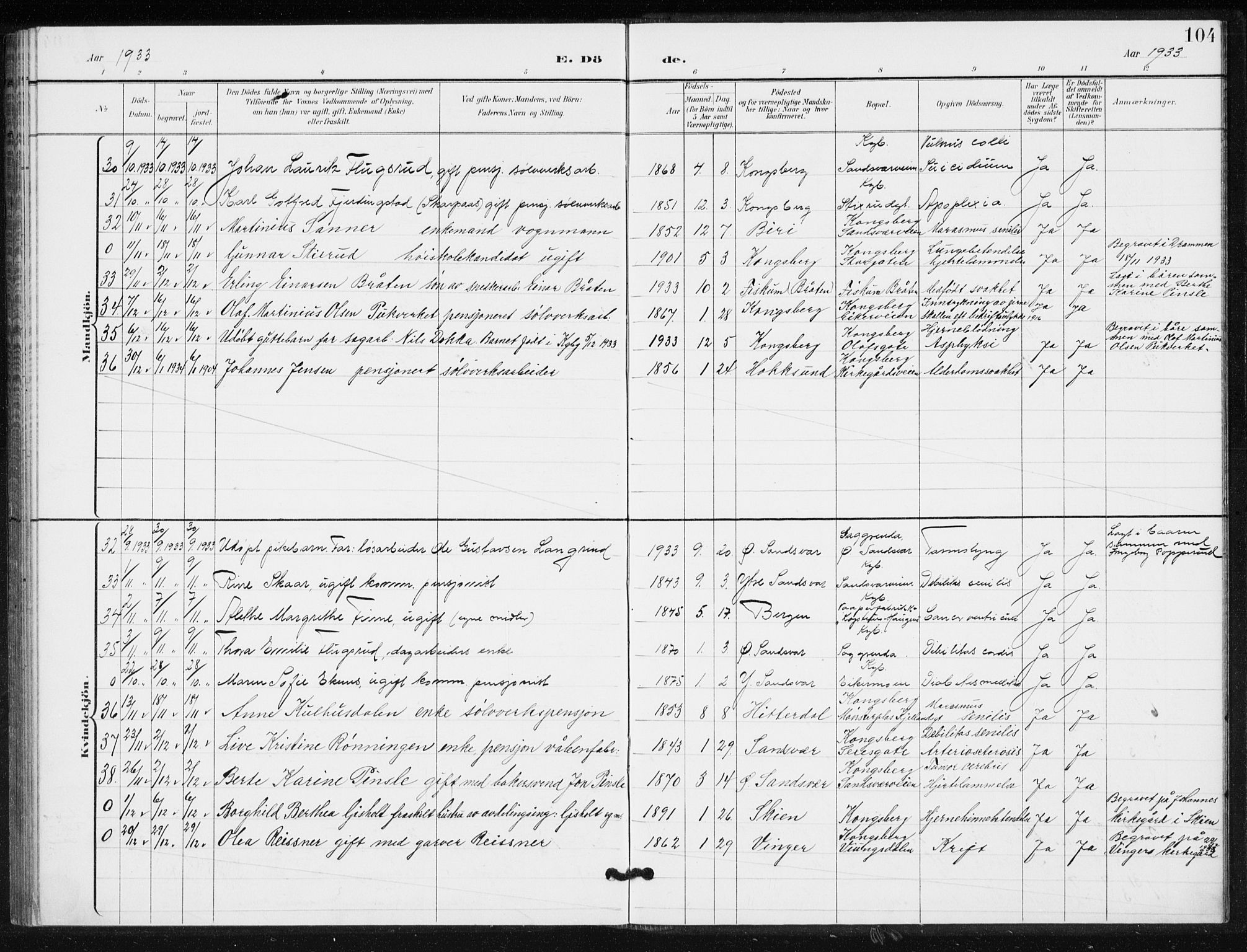Kongsberg kirkebøker, AV/SAKO-A-22/G/Ga/L0009: Parish register (copy) no. 9, 1932-1938, p. 104