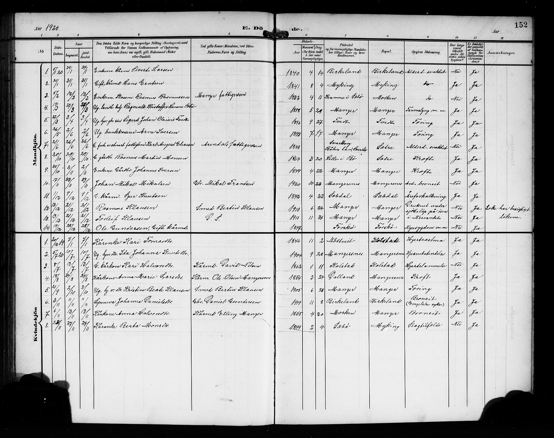 Manger sokneprestembete, SAB/A-76801/H/Hab: Parish register (copy) no. A 2, 1902-1923, p. 152