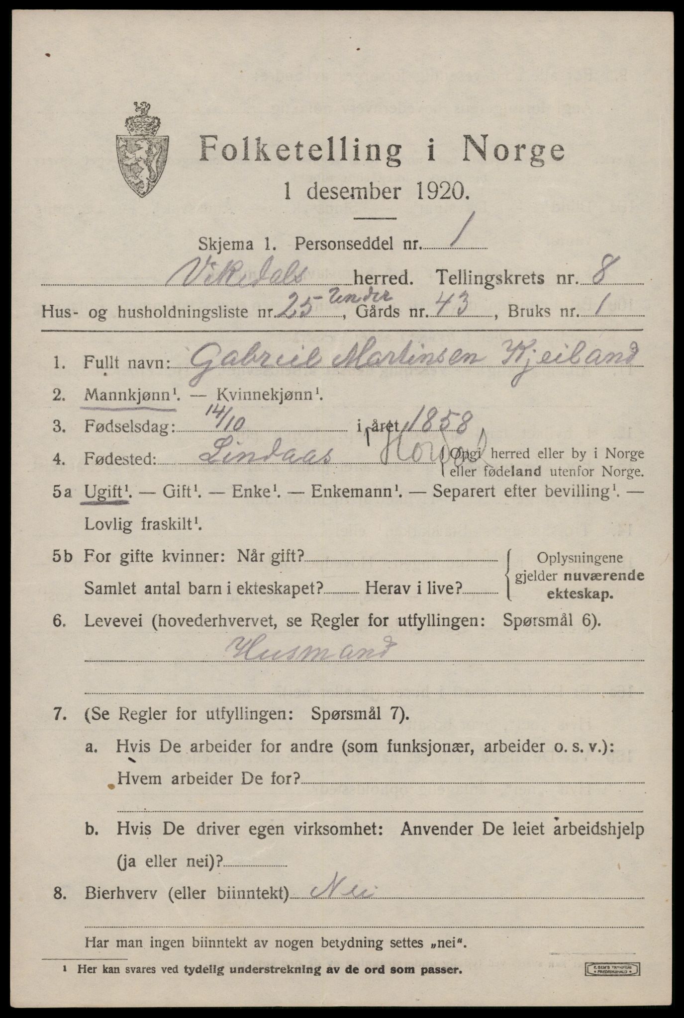 SAST, 1920 census for Vikedal, 1920, p. 2919