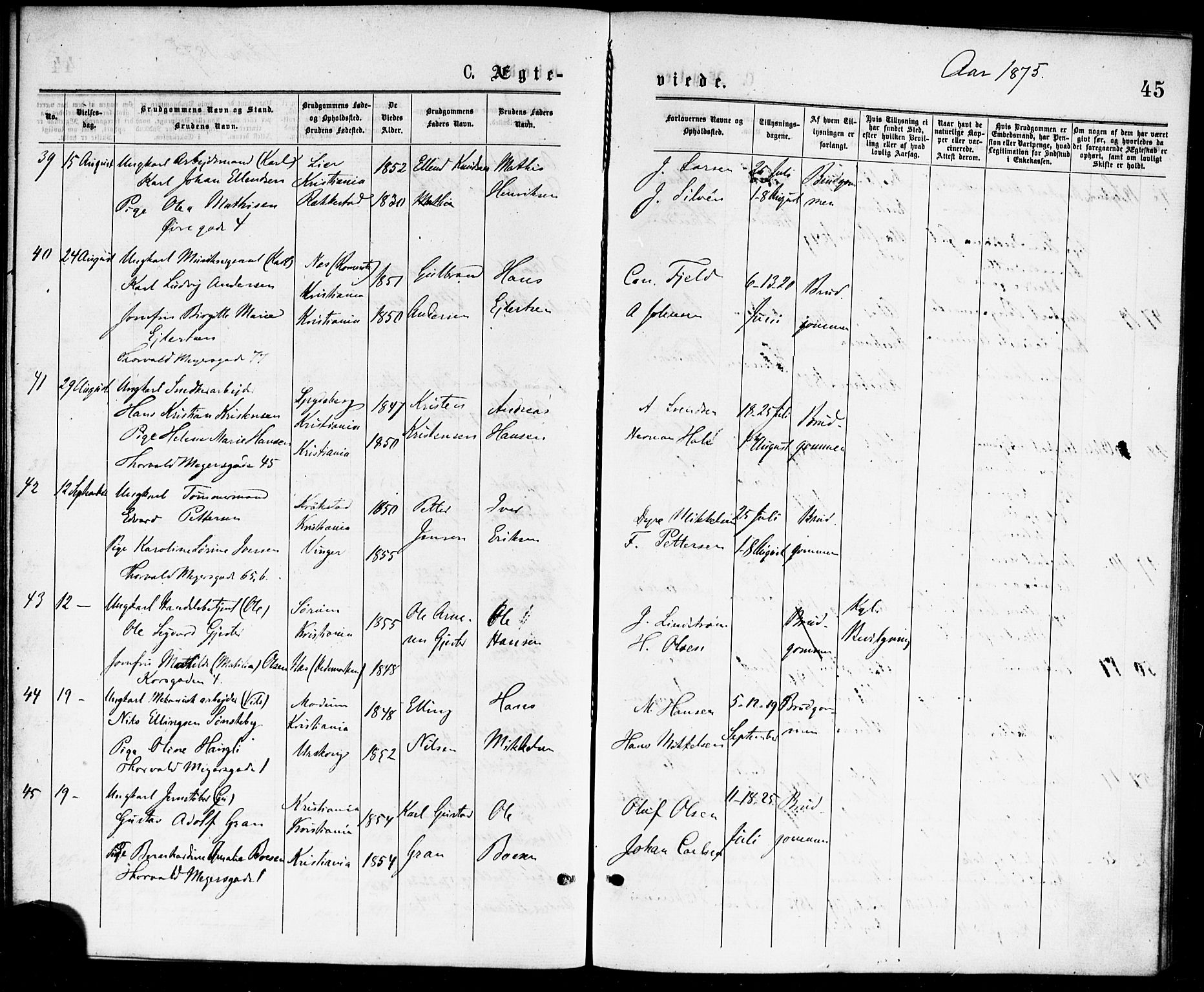 Paulus prestekontor Kirkebøker, AV/SAO-A-10871/F/Fa/L0002: Parish register (official) no. 2, 1875-1878, p. 45