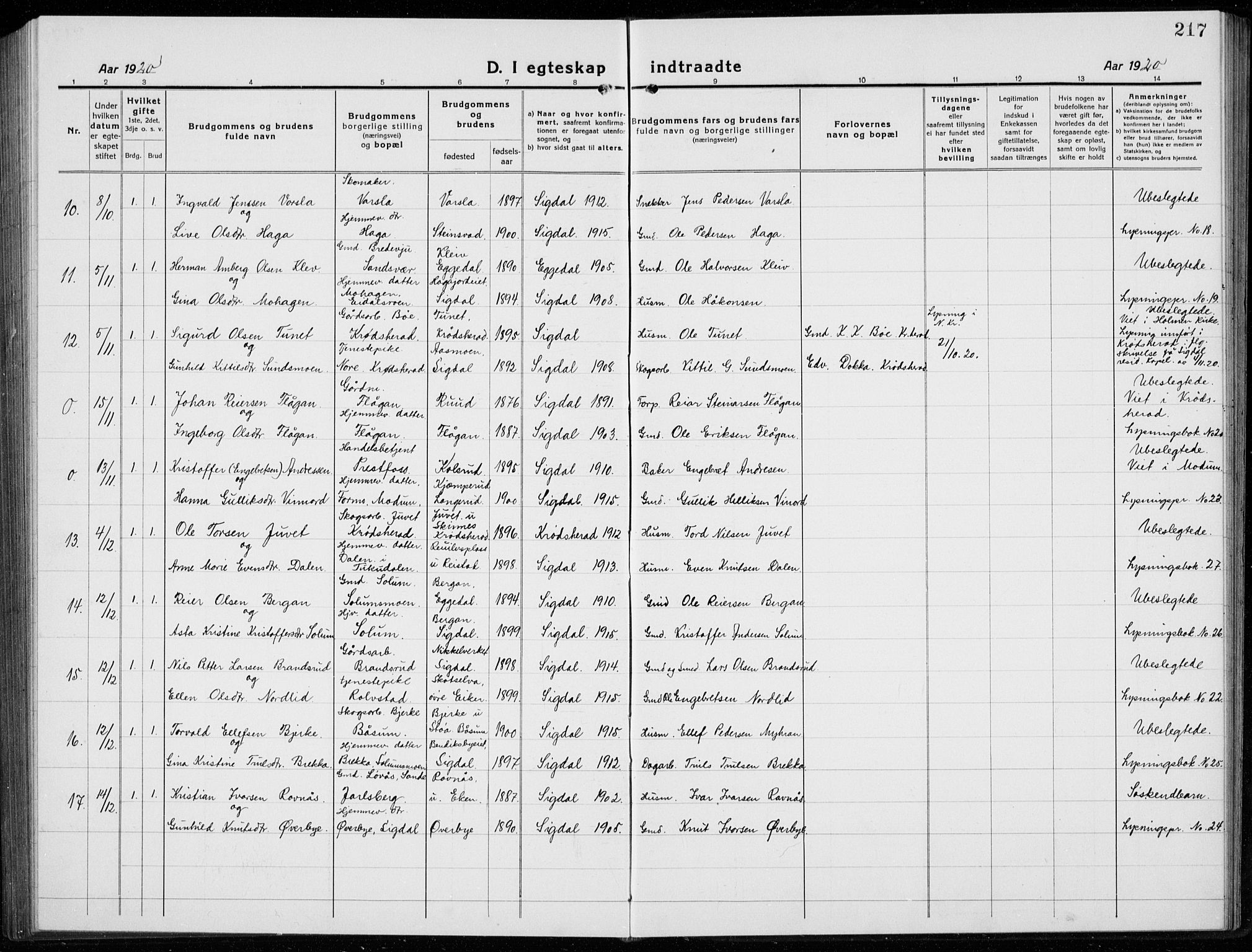 Sigdal kirkebøker, AV/SAKO-A-245/G/Ga/L0007: Parish register (copy) no. I 7, 1917-1935, p. 217