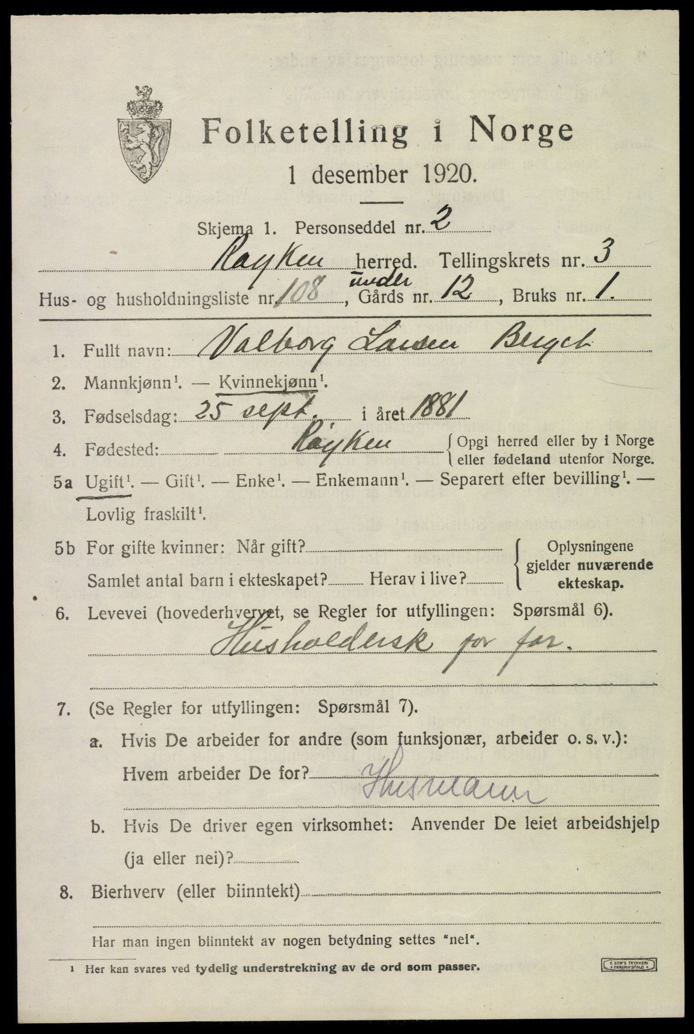 SAKO, 1920 census for Røyken, 1920, p. 5484