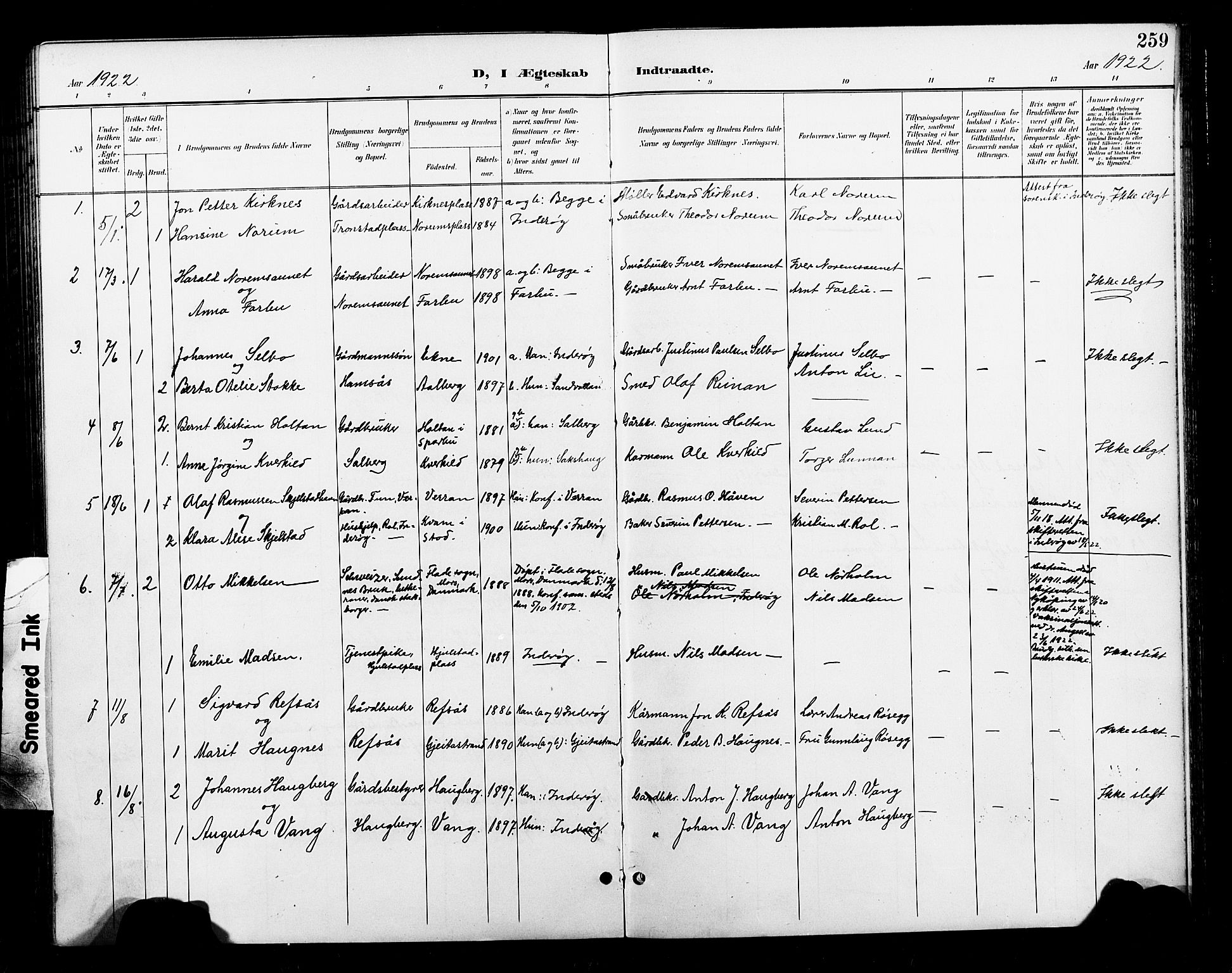 Ministerialprotokoller, klokkerbøker og fødselsregistre - Nord-Trøndelag, AV/SAT-A-1458/730/L0302: Parish register (copy) no. 730C05, 1898-1924, p. 259