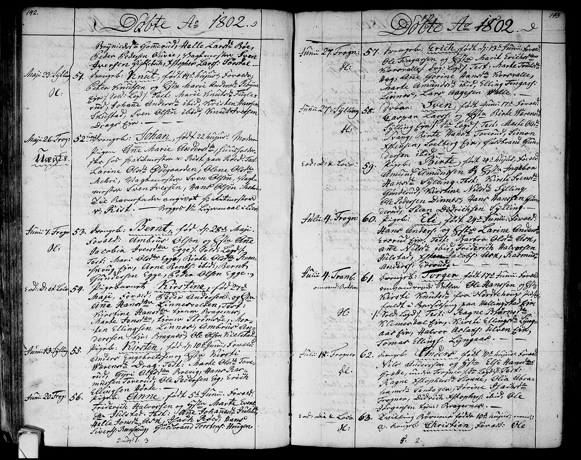 Lier kirkebøker, AV/SAKO-A-230/F/Fa/L0007: Parish register (official) no. I 7, 1794-1813, p. 142-143