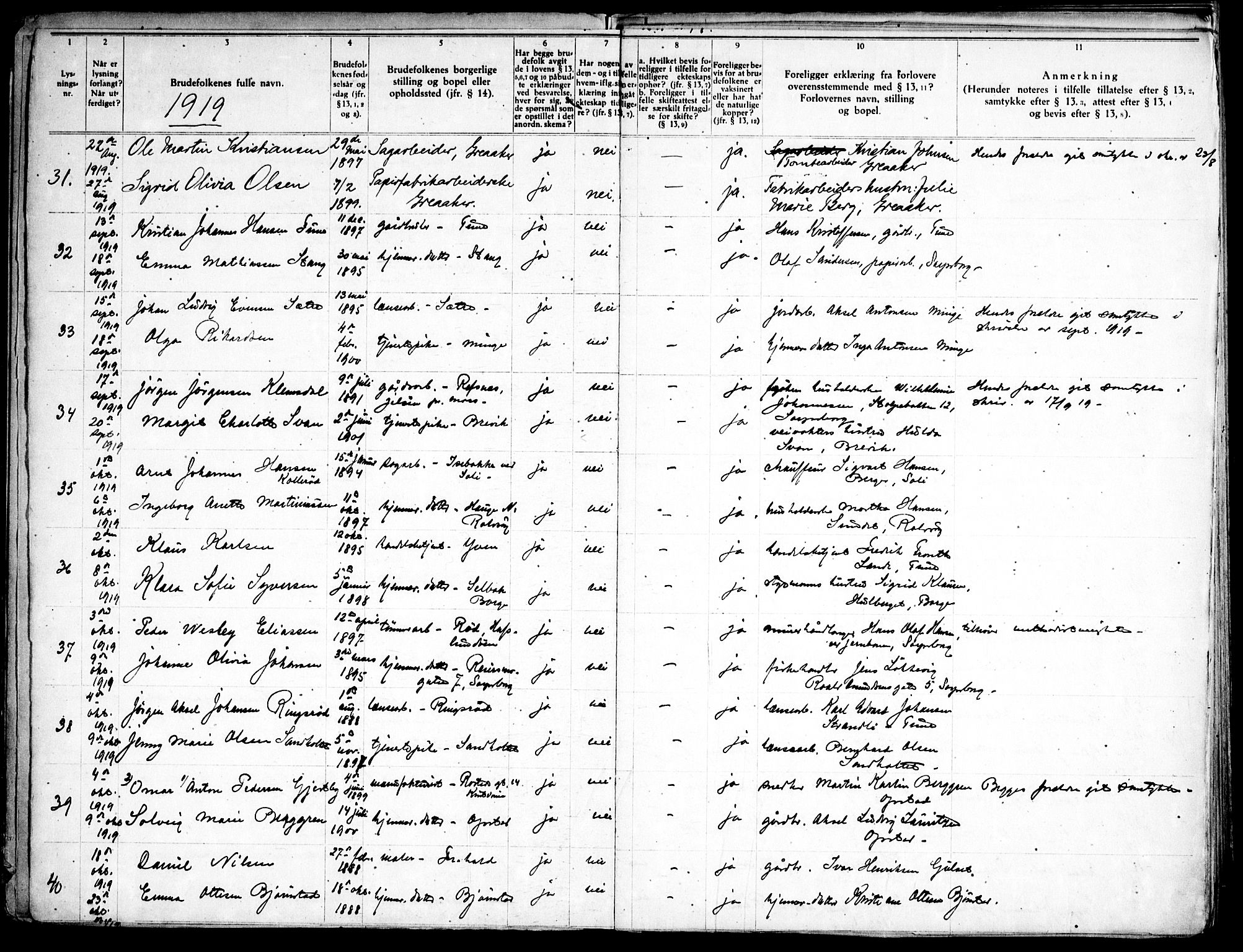 Tune prestekontor Kirkebøker, AV/SAO-A-2007/H/Ha/L0001: Banns register no. I 1, 1919-1946