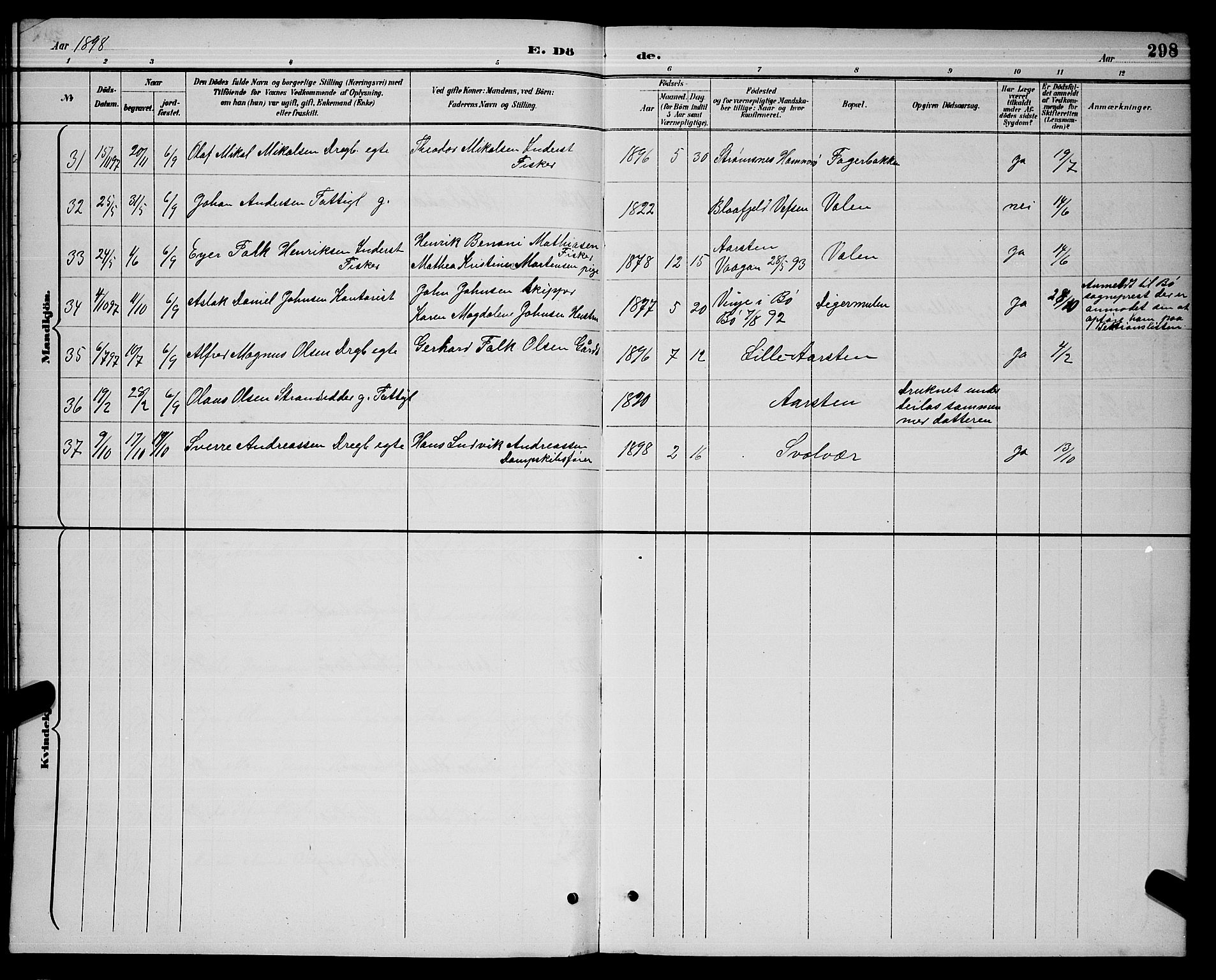 Ministerialprotokoller, klokkerbøker og fødselsregistre - Nordland, AV/SAT-A-1459/874/L1077: Parish register (copy) no. 874C06, 1891-1900, p. 298