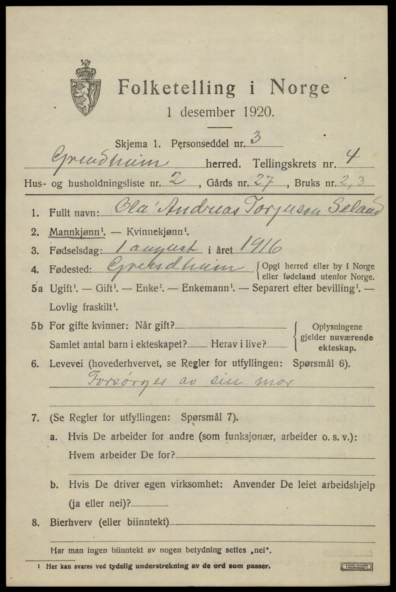 SAK, 1920 census for Grindheim, 1920, p. 1425