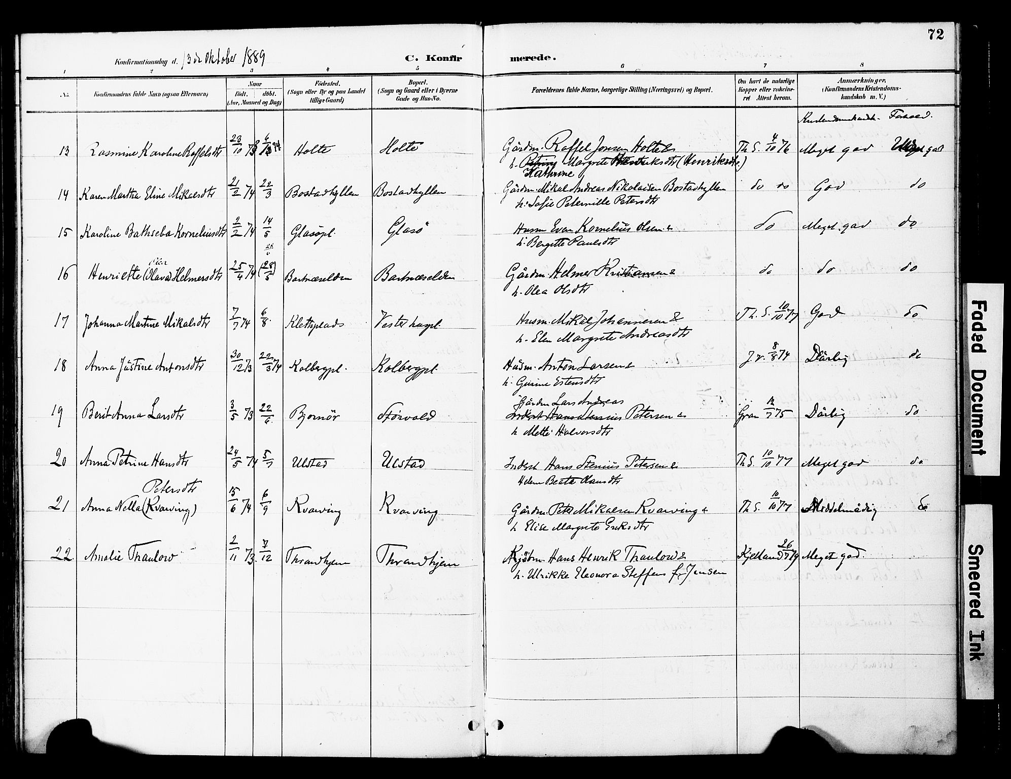 Ministerialprotokoller, klokkerbøker og fødselsregistre - Nord-Trøndelag, SAT/A-1458/741/L0396: Parish register (official) no. 741A10, 1889-1901, p. 72