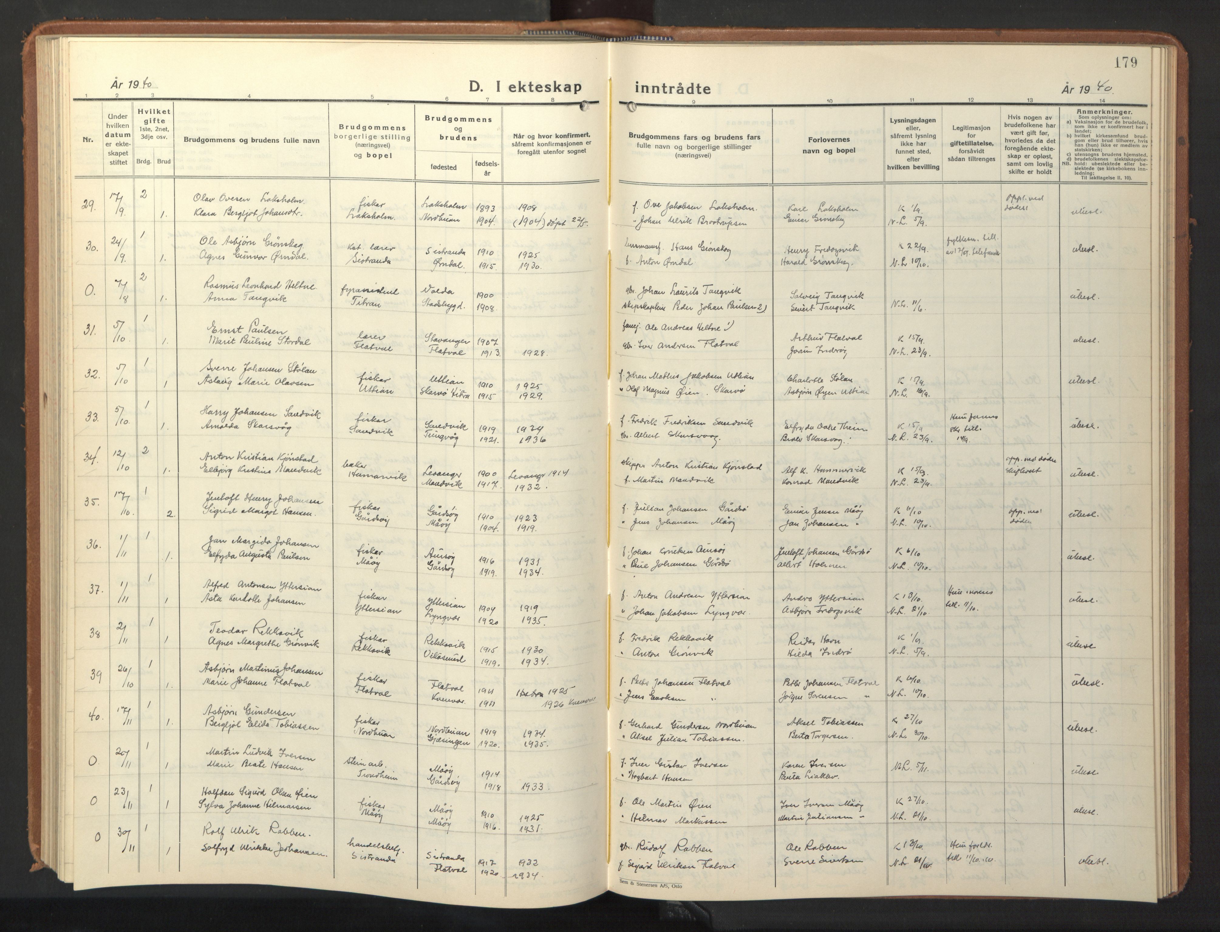 Ministerialprotokoller, klokkerbøker og fødselsregistre - Sør-Trøndelag, AV/SAT-A-1456/640/L0590: Parish register (copy) no. 640C07, 1935-1948, p. 179