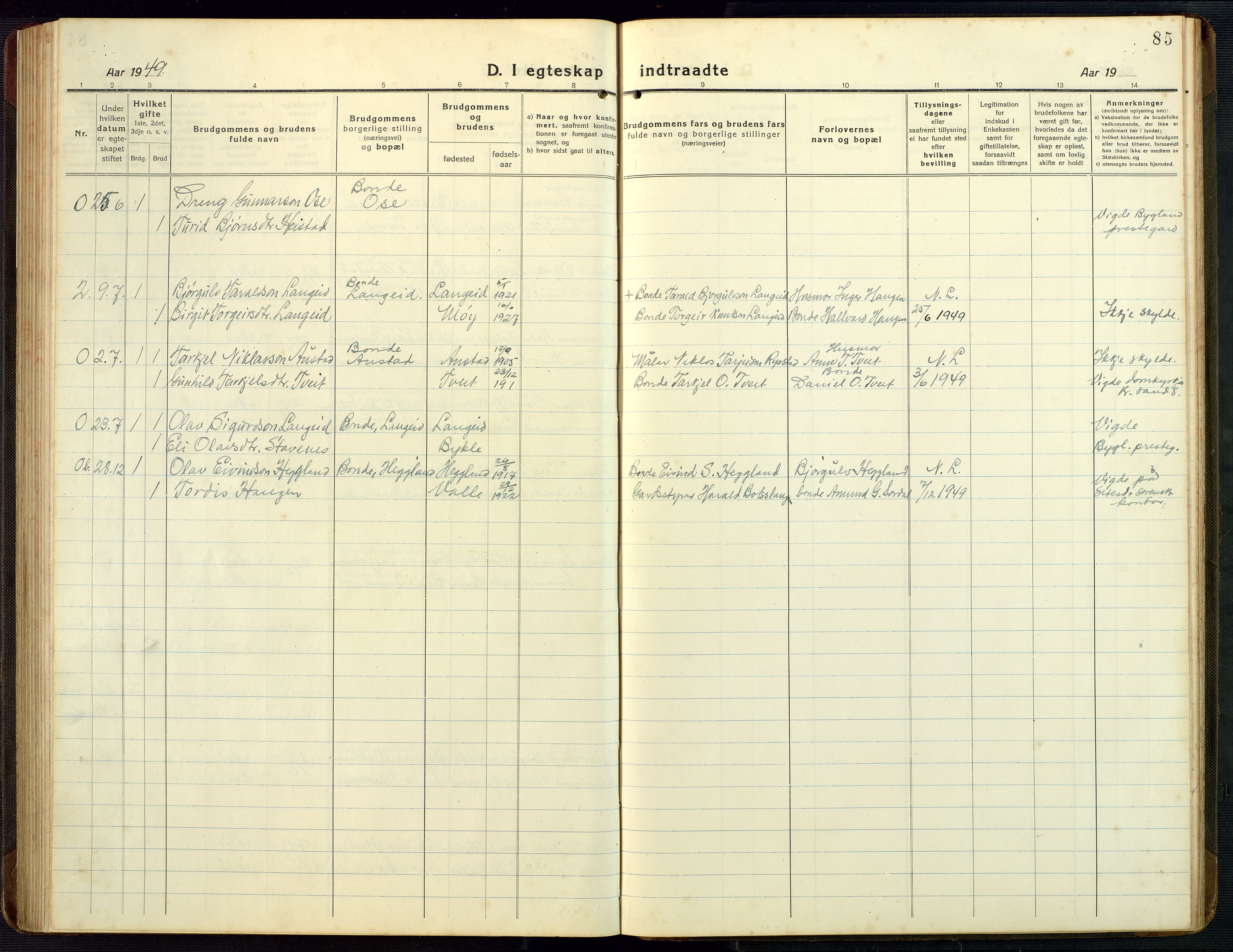 Bygland sokneprestkontor, SAK/1111-0006/F/Fb/Fba/L0003: Parish register (copy) no. B 3, 1920-1974, p. 85