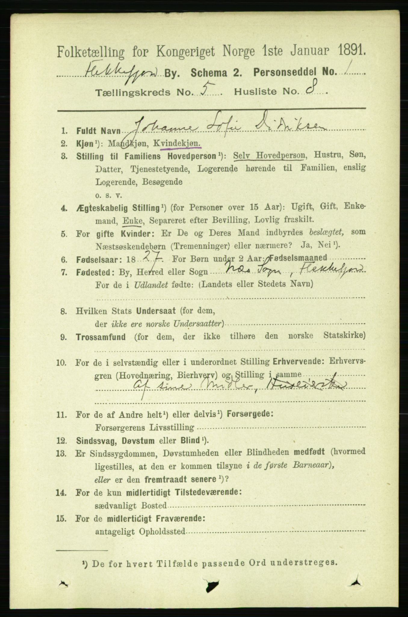 RA, 1891 census for 1004 Flekkefjord, 1891, p. 1157