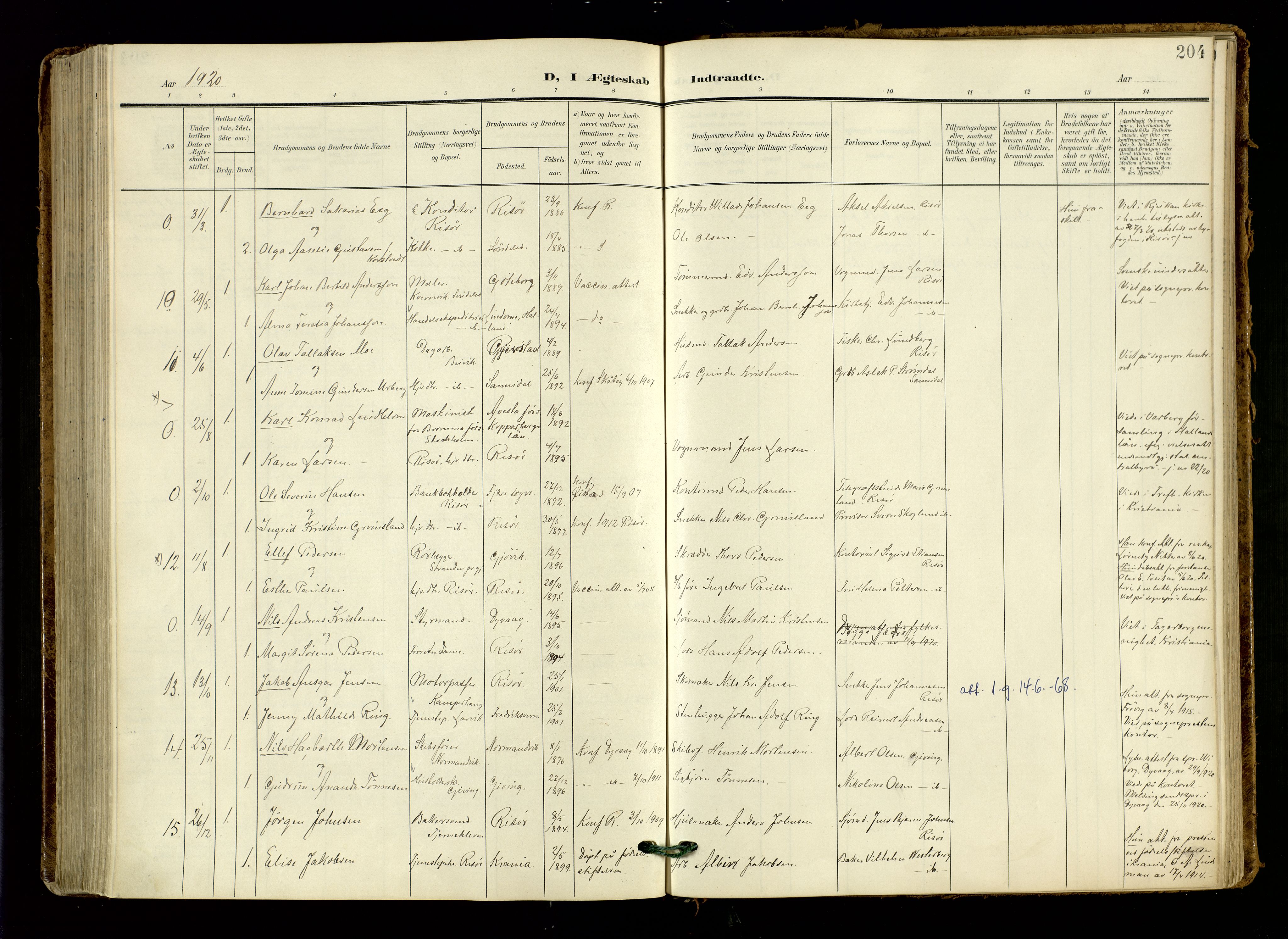 Risør sokneprestkontor, AV/SAK-1111-0035/F/Fa/L0011: Parish register (official) no. A 11, 1907-1920, p. 204