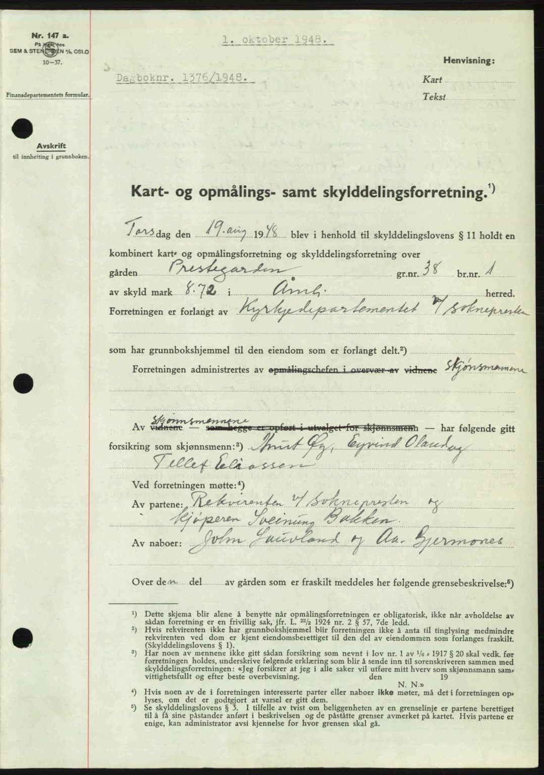 Nedenes sorenskriveri, SAK/1221-0006/G/Gb/Gba/L0059: Mortgage book no. A11, 1948-1948, Diary no: : 1376/1948