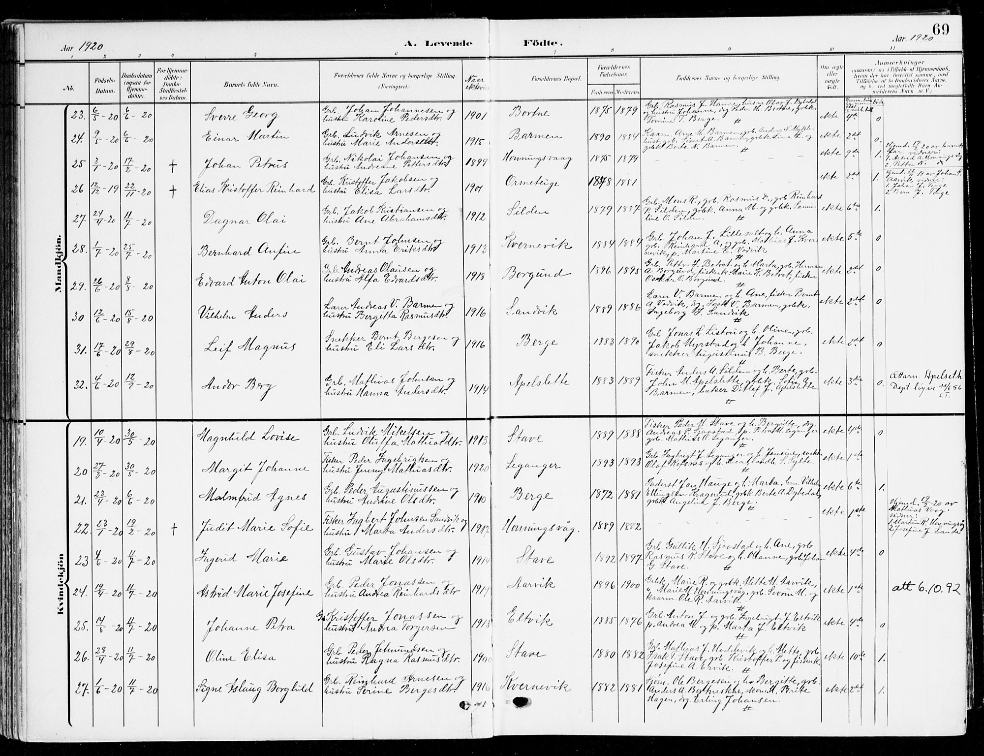 Selje sokneprestembete, AV/SAB-A-99938/H/Ha/Haa/Haab: Parish register (official) no. B 3, 1908-1923, p. 69