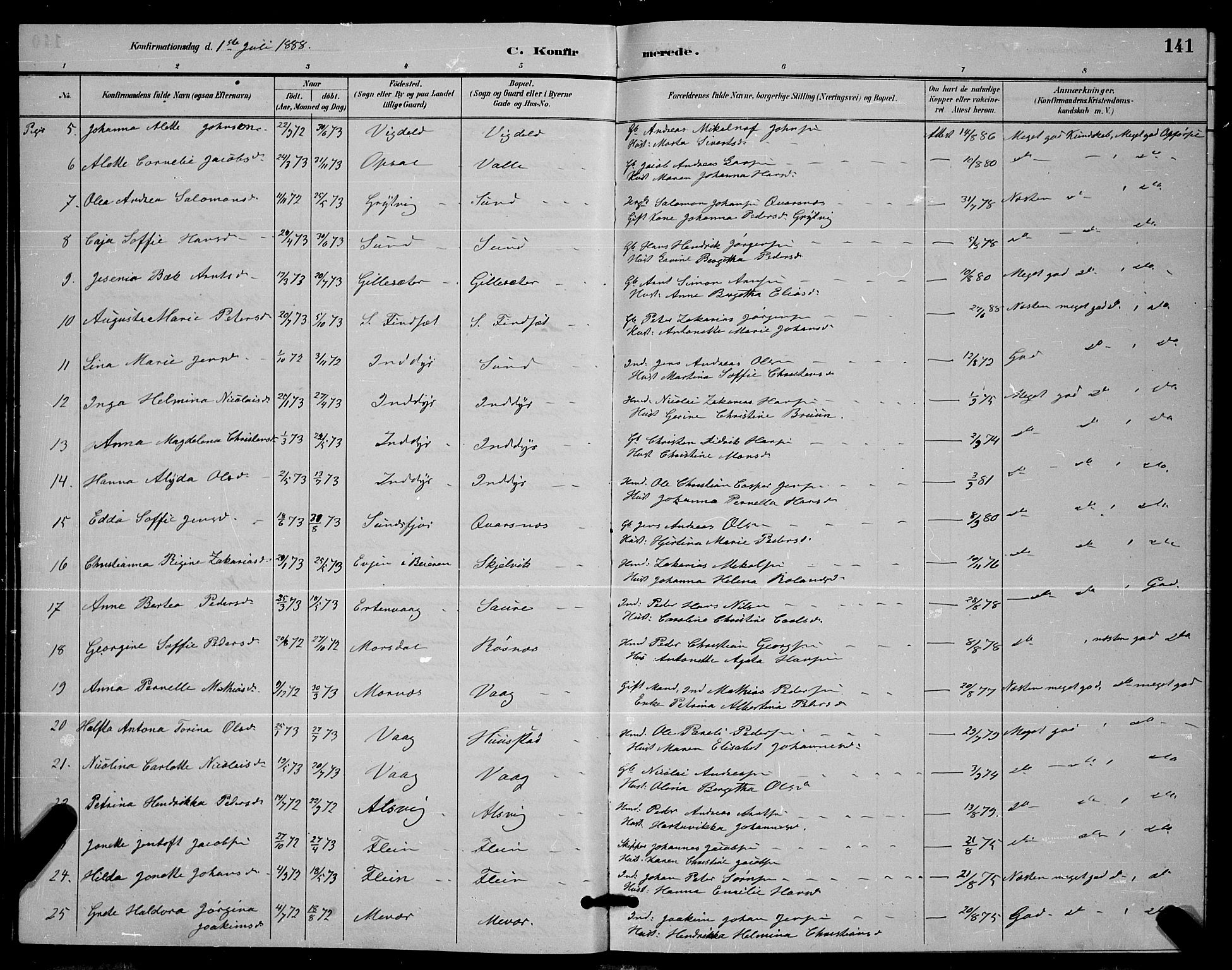 Ministerialprotokoller, klokkerbøker og fødselsregistre - Nordland, AV/SAT-A-1459/805/L0108: Parish register (copy) no. 805C04, 1885-1899, p. 141