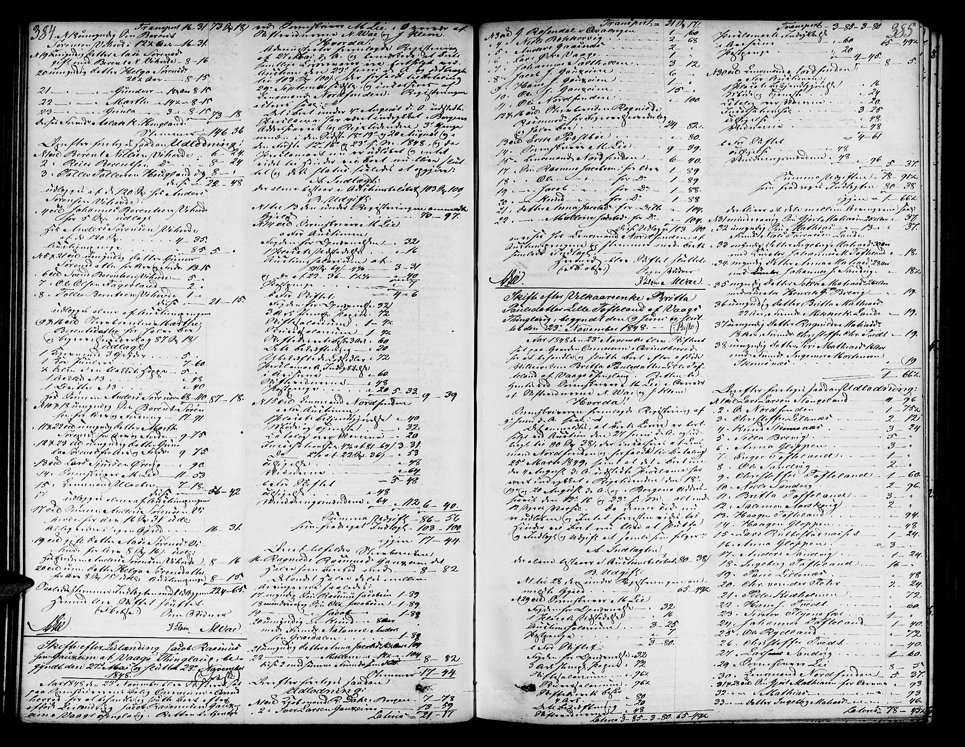 Sunnhordland sorenskrivar, AV/SAB-A-2401/1/H/Ha/Had/L0006: Skifteprotokollar. Føyen, Fjære og Våg. Register i protokoll., 1844-1853, p. 384-385