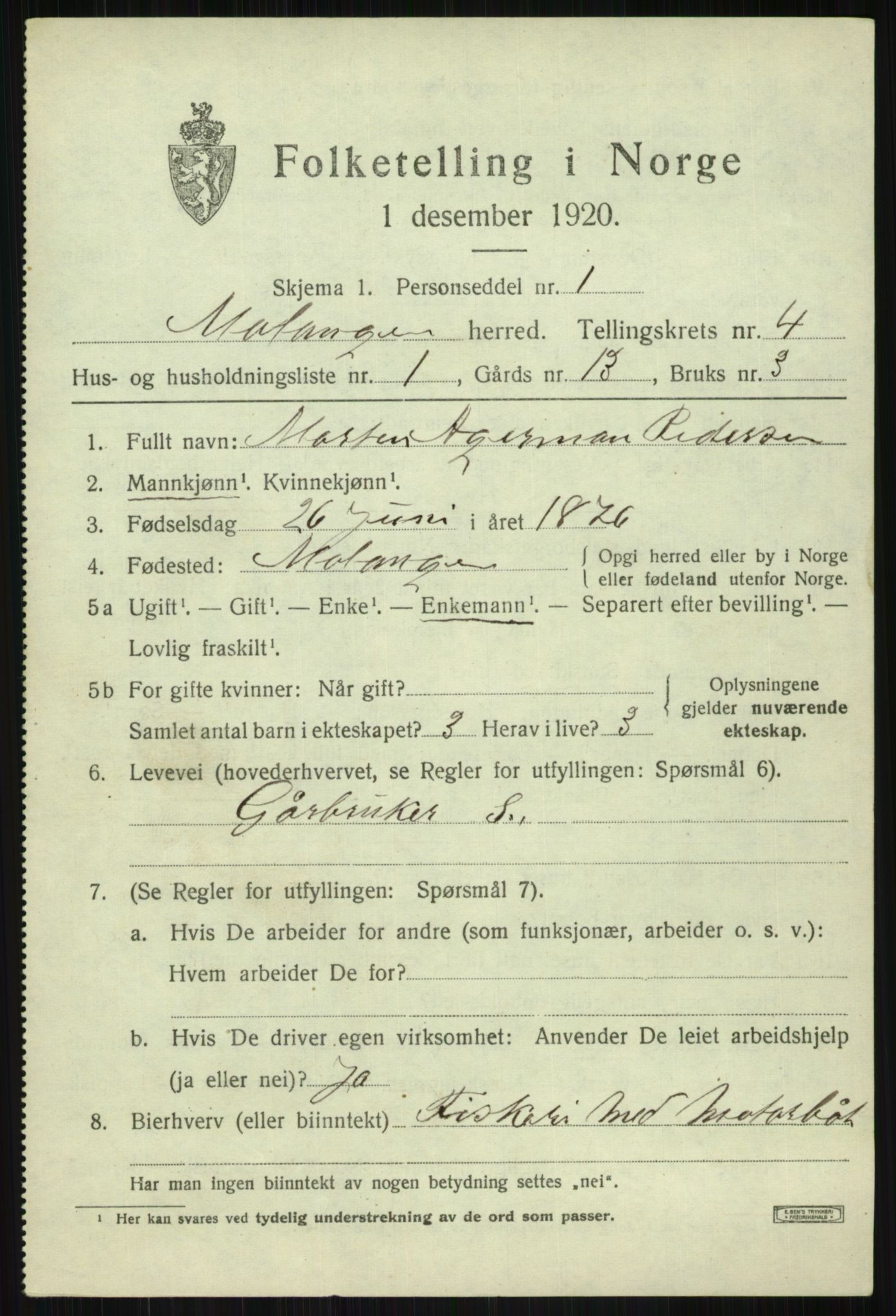 SATØ, 1920 census for Malangen, 1920, p. 1585