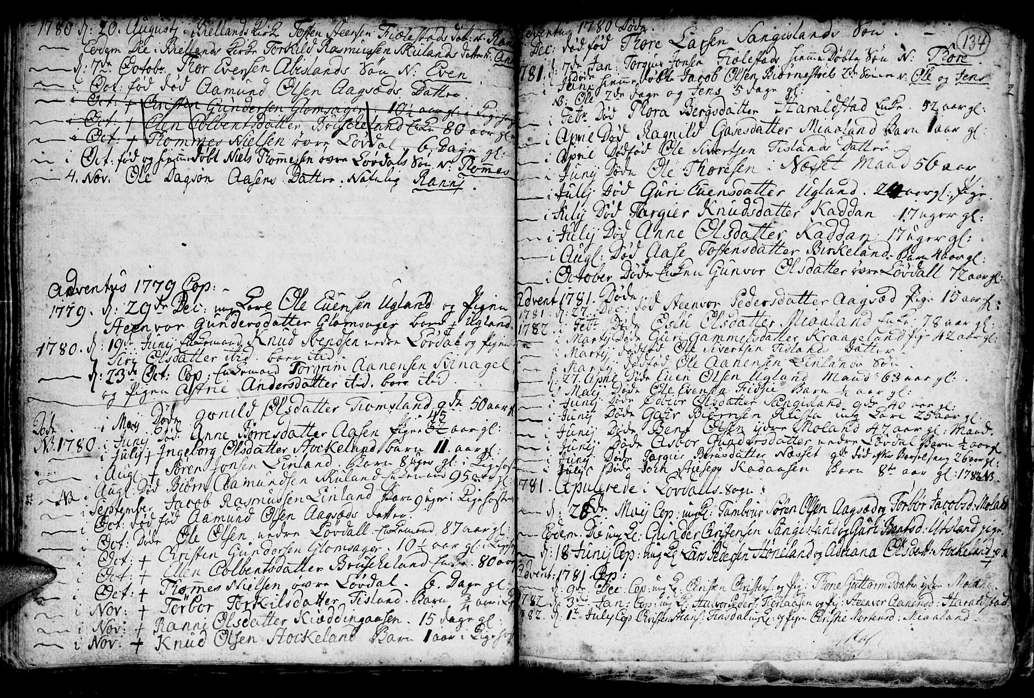 Holum sokneprestkontor, SAK/1111-0022/F/Fb/Fba/L0001: Parish register (copy) no. B 1 /3, 1770-1802, p. 134