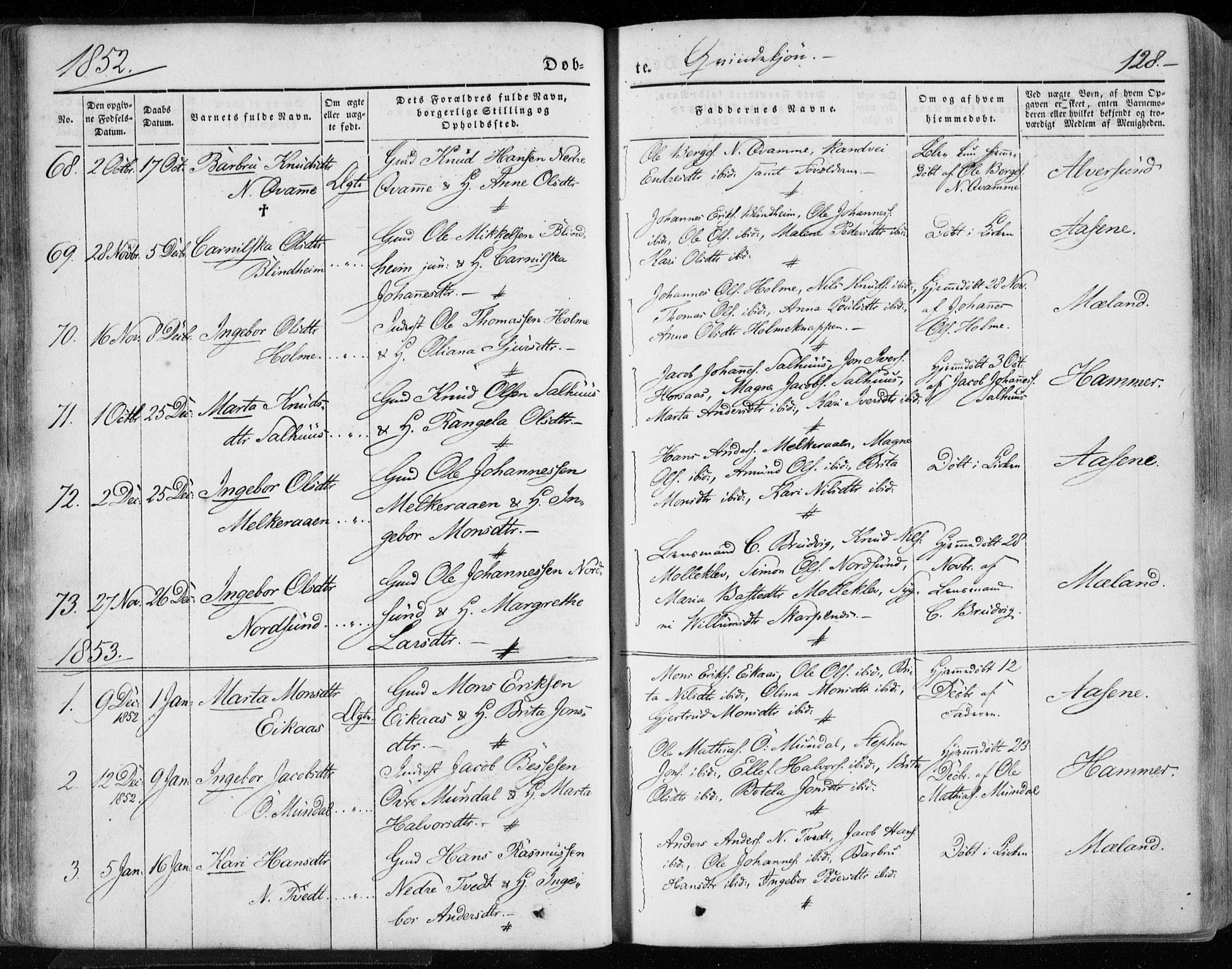 Hamre sokneprestembete, SAB/A-75501/H/Ha/Haa/Haaa/L0013: Parish register (official) no. A 13, 1846-1857, p. 128
