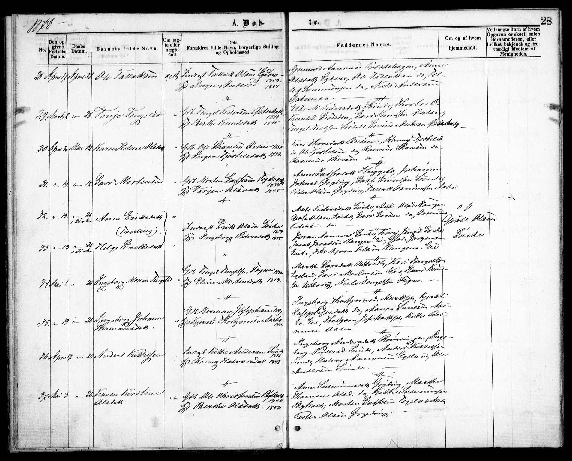 Gjerstad sokneprestkontor, AV/SAK-1111-0014/F/Fa/Faa/L0008: Parish register (official) no. A 8, 1876-1884, p. 27-28