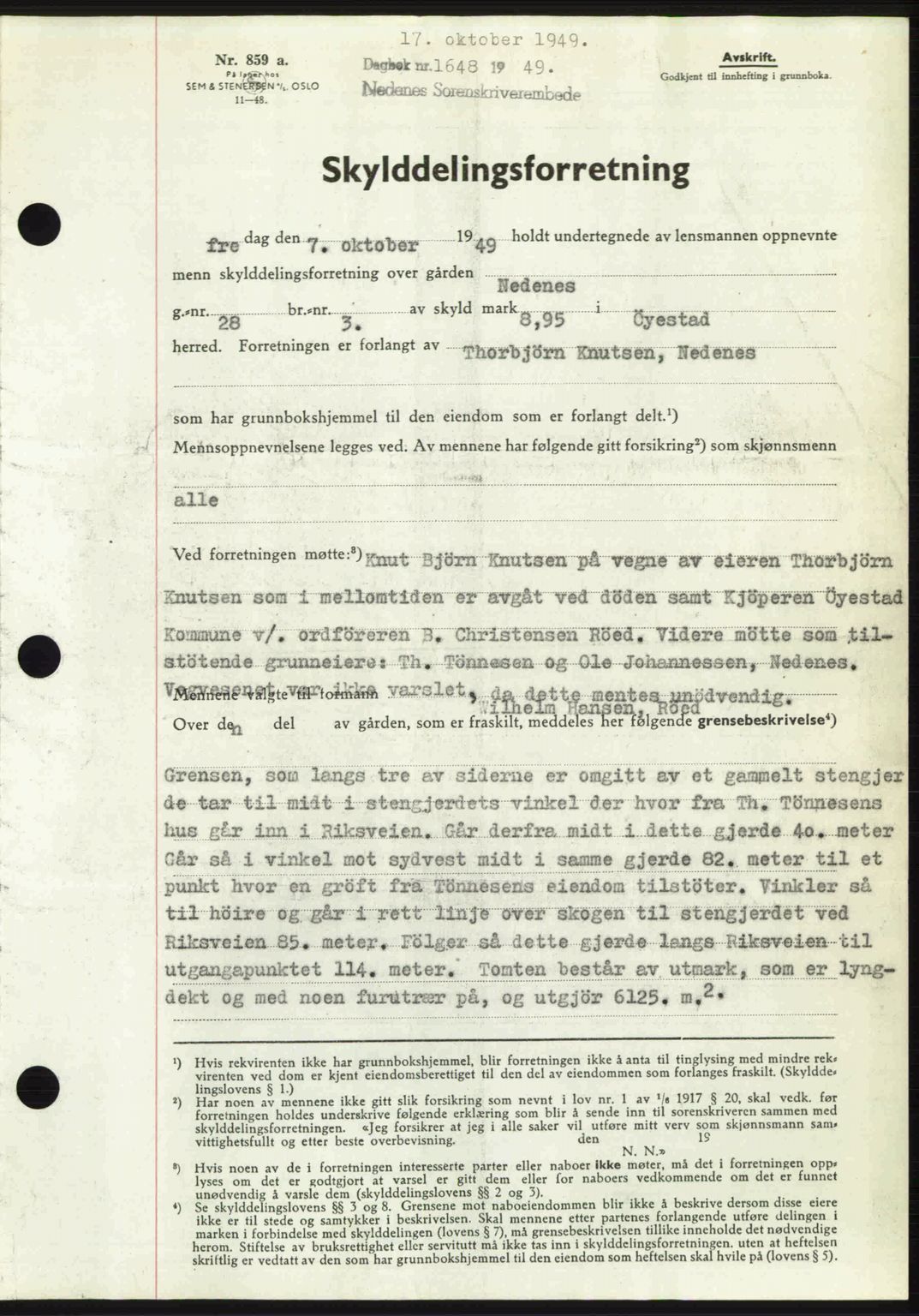 Nedenes sorenskriveri, SAK/1221-0006/G/Gb/Gba/L0061: Mortgage book no. A13, 1949-1949, Diary no: : 1648/1949