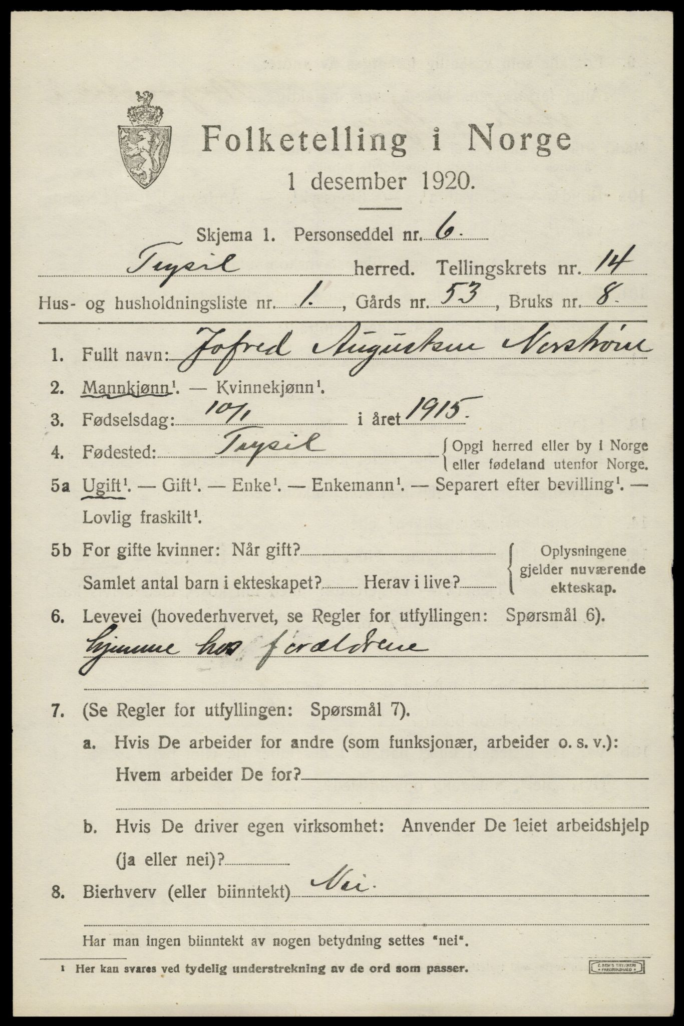 SAH, 1920 census for Trysil, 1920, p. 7875