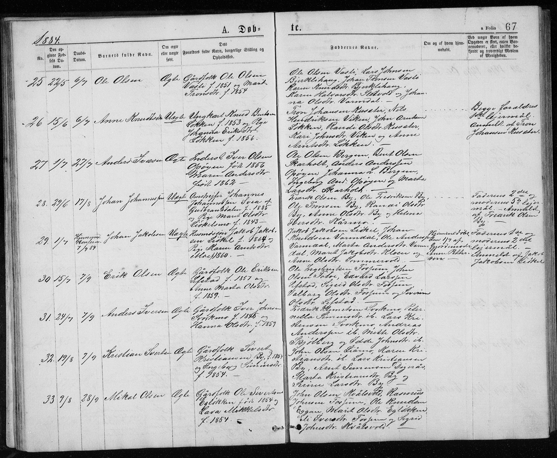 Ministerialprotokoller, klokkerbøker og fødselsregistre - Sør-Trøndelag, AV/SAT-A-1456/671/L0843: Parish register (copy) no. 671C02, 1873-1892, p. 67