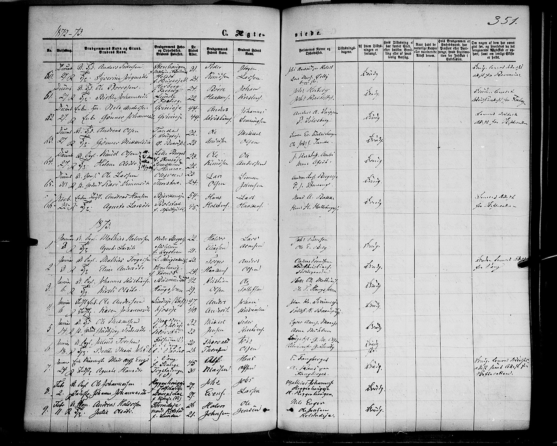 Ringsaker prestekontor, AV/SAH-PREST-014/K/Ka/L0011: Parish register (official) no. 11, 1870-1878, p. 351